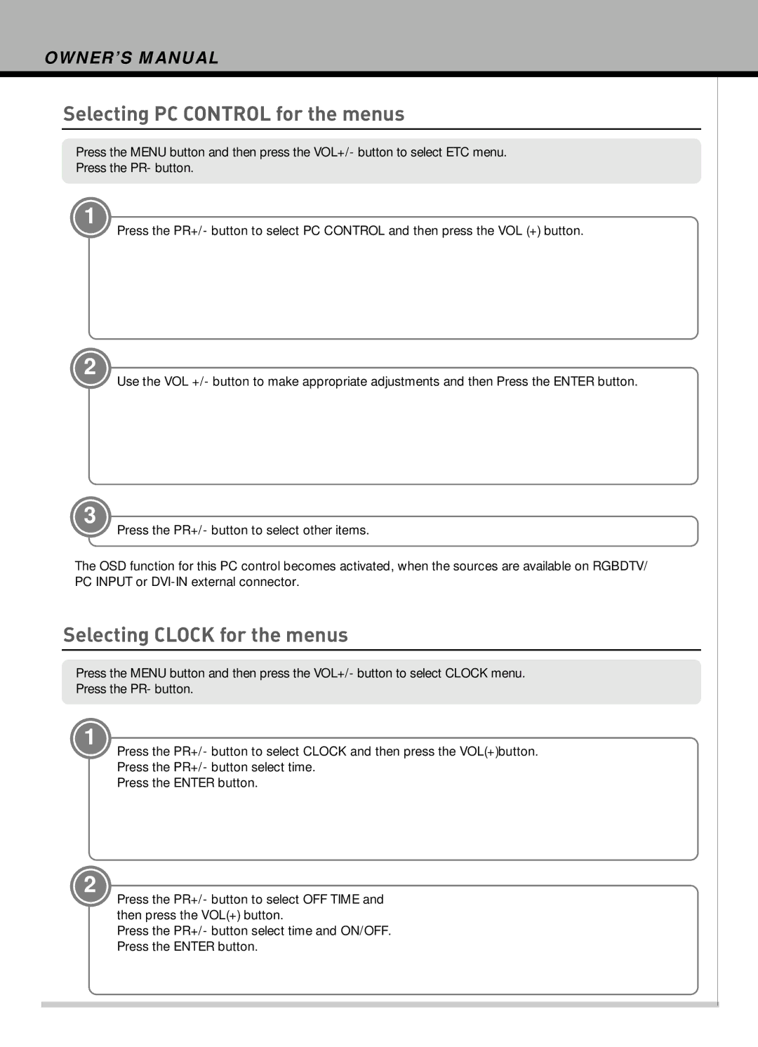 Hyundai IT HLT-2672 owner manual Selecting PC Control for the menus, Selecting Clock for the menus 