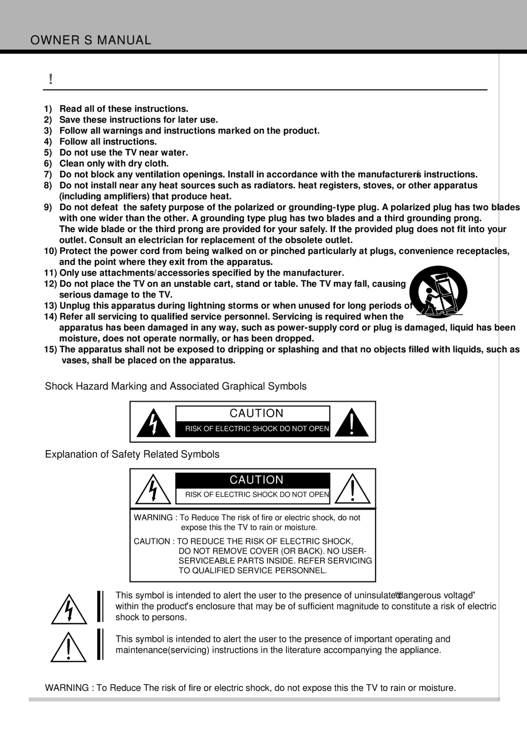 Hyundai IT HLT-2672 owner manual Important Safety Instruction, Shock Hazard Marking and Associated Graphical Symbols 