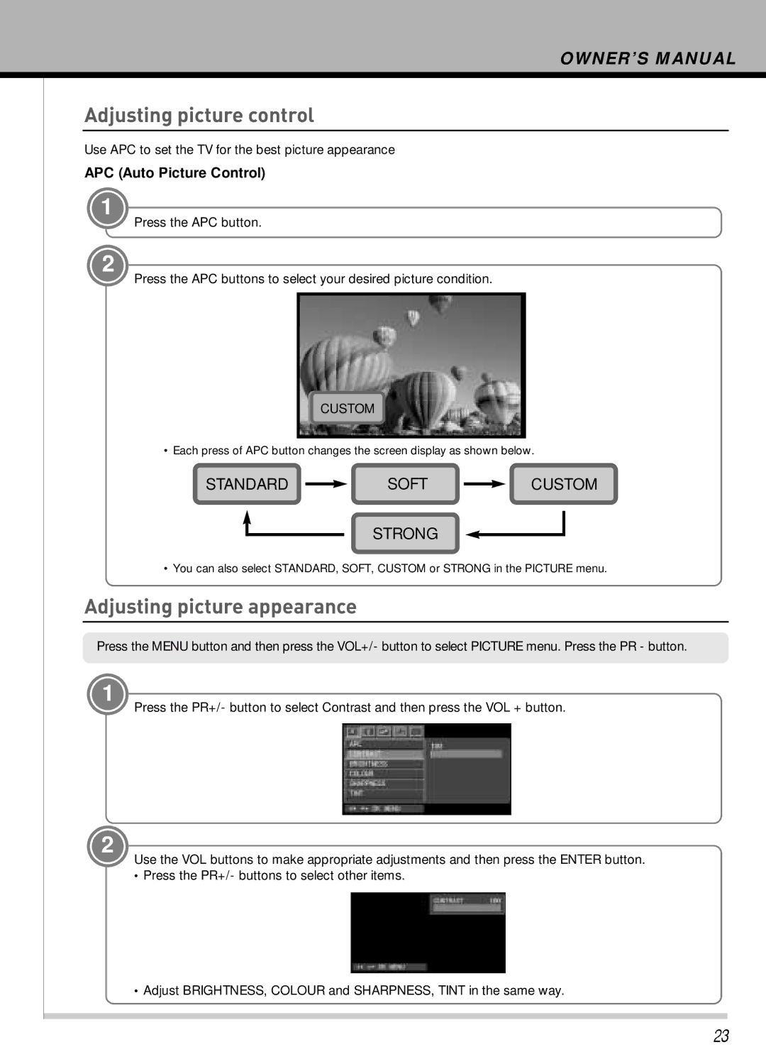 Hyundai IT HLT-3272 owner manual Adjusting picture control, Adjusting picture appearance, APC Auto Picture Control 