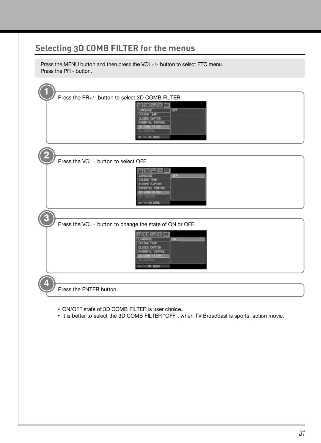 Hyundai IT HLT-3272 owner manual Selecting 3D Comb Filter for the menus 