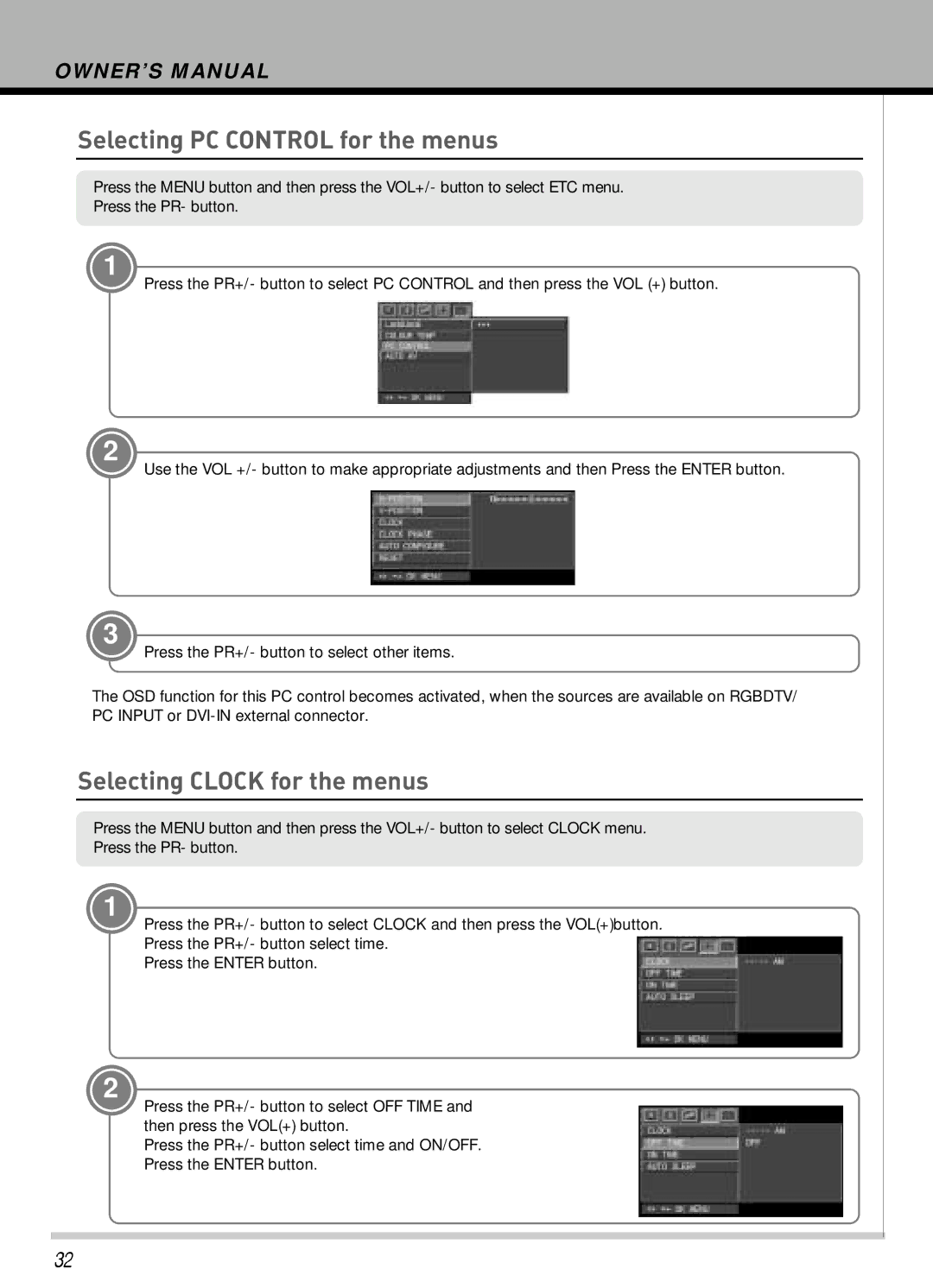 Hyundai IT HLT-3272 owner manual Selecting PC Control for the menus, Selecting Clock for the menus 