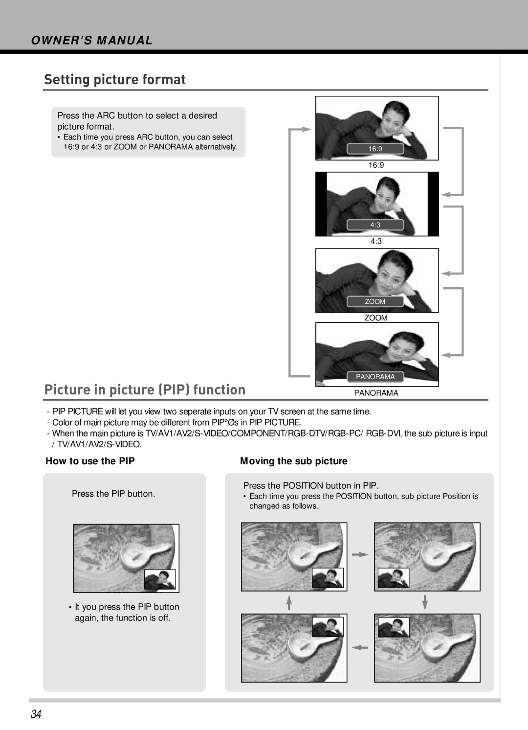 Hyundai IT HLT-3272 owner manual Picture in picture PIP function, How to use the PIP, Moving the sub picture 