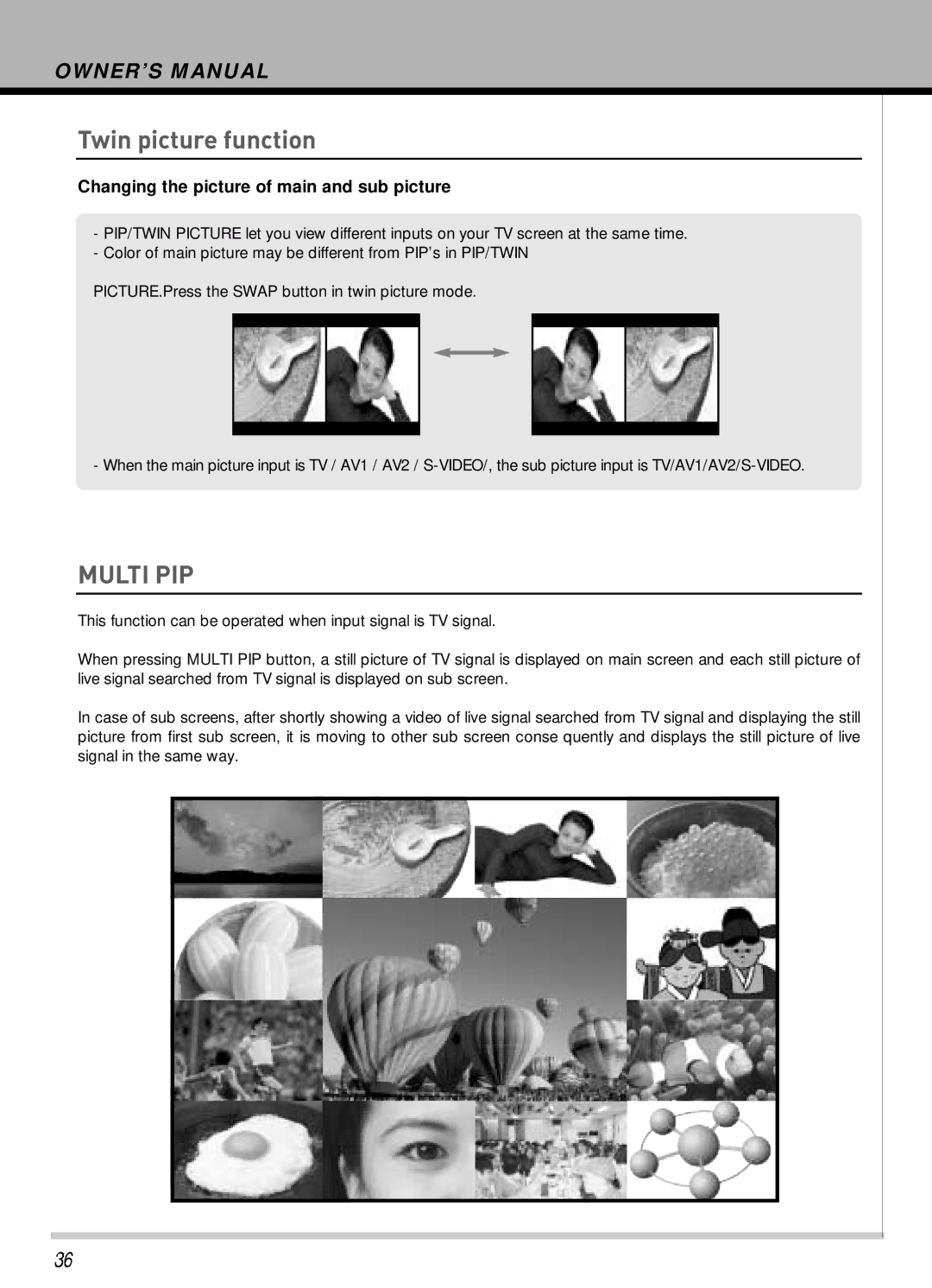 Hyundai IT HLT-3272 owner manual Twin picture function, Changing the picture of main and sub picture 