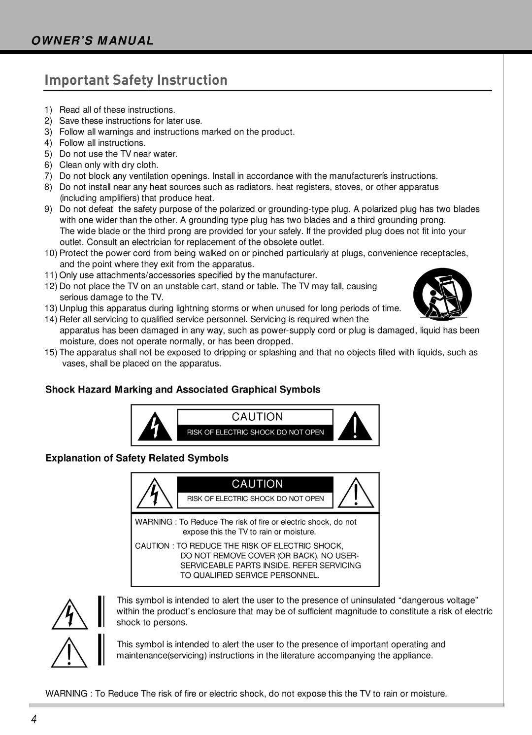 Hyundai IT HLT-3272 owner manual Important Safety Instruction, Shock Hazard Marking and Associated Graphical Symbols 