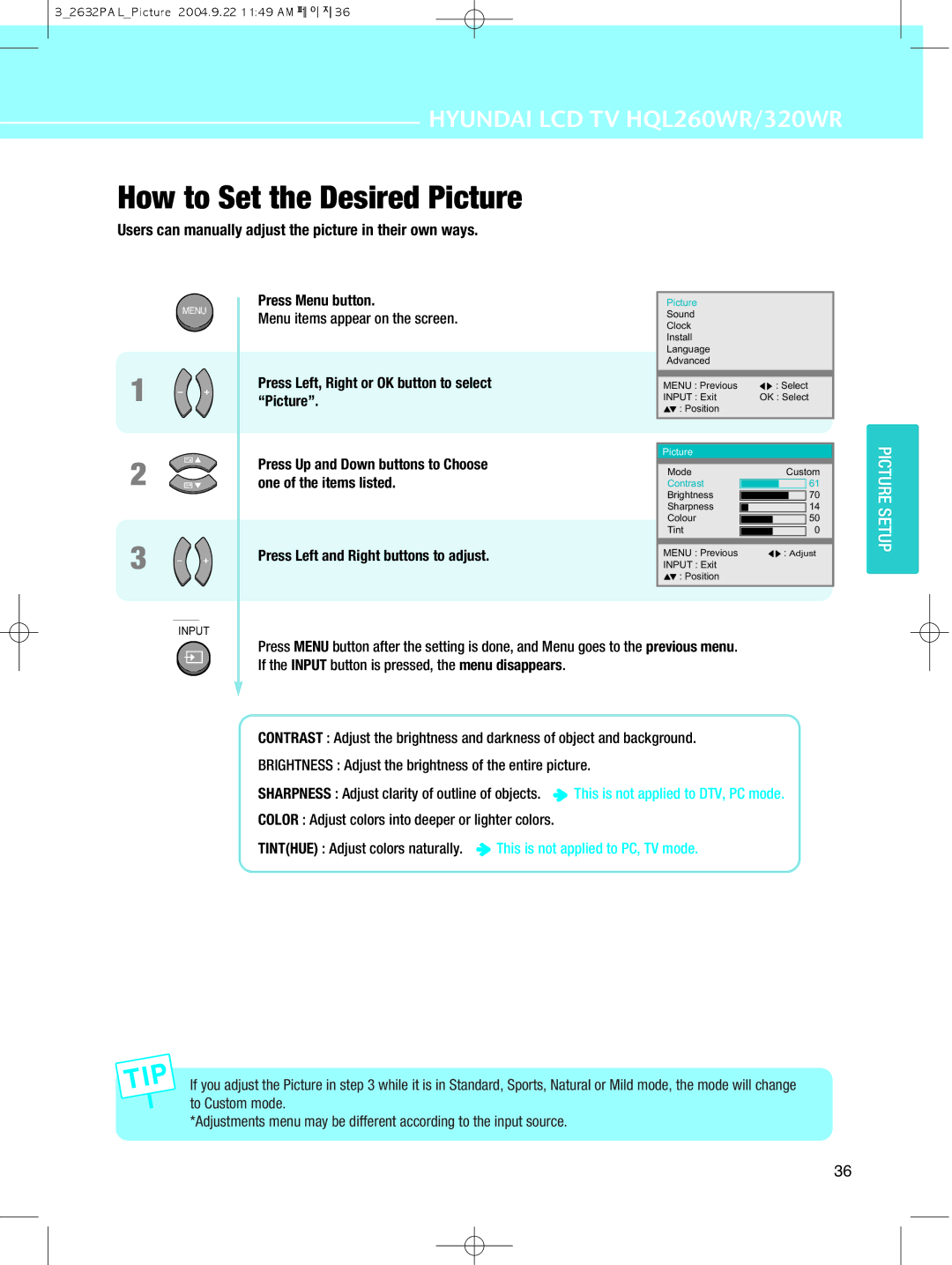 Hyundai IT 320WR, HQL260WR manual How to Set the Desired Picture 