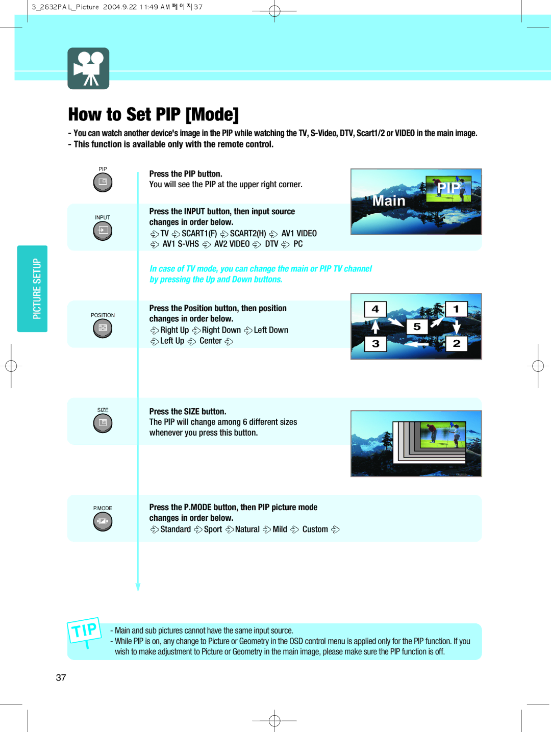 Hyundai IT HQL260WR How to Set PIP Mode, This function is available only with the remote control, Press the Size button 