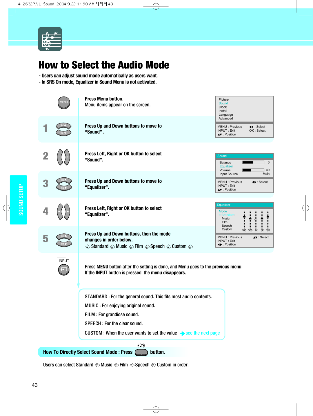 Hyundai IT HQL260WR, 320WR How to Select the Audio Mode, Equalizer, How To Directly Select Sound Mode Press button 