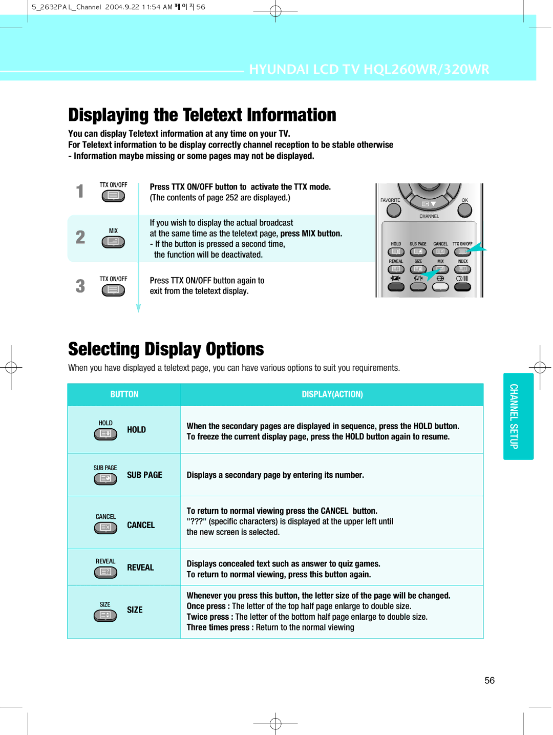 Hyundai IT 320WR, HQL260WR manual Displaying the Teletext Information, Selecting Display Options 