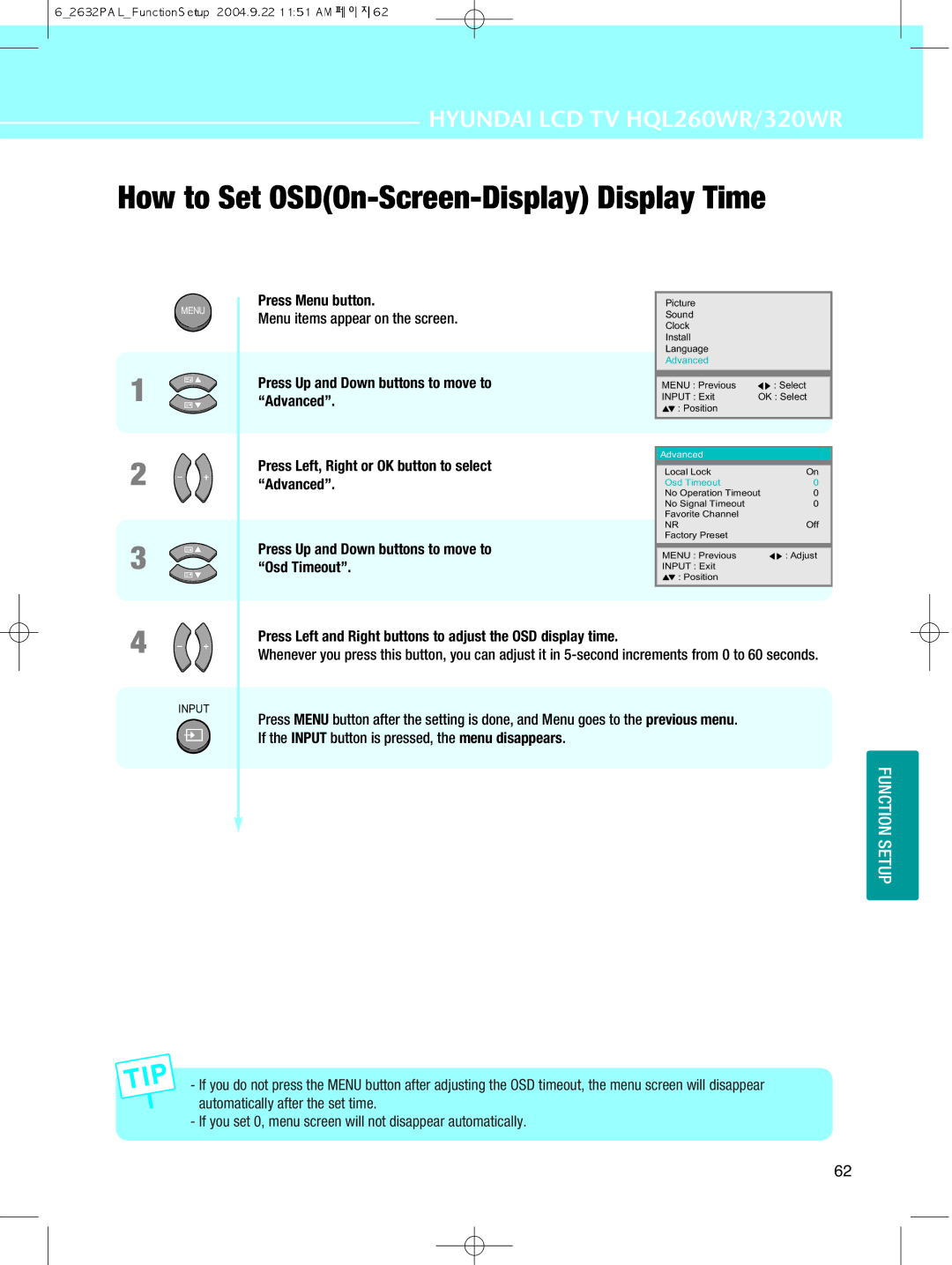 Hyundai IT 320WR How to Set OSDOn-Screen-Display Display Time, Press Left and Right buttons to adjust the OSD display time 