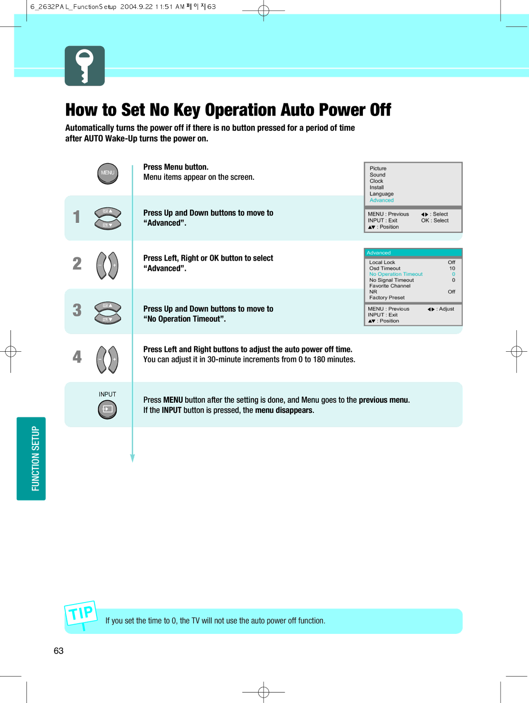 Hyundai IT HQL260WR How to Set No Key Operation Auto Power Off, Press Up and Down buttons to move to No Operation Timeout 