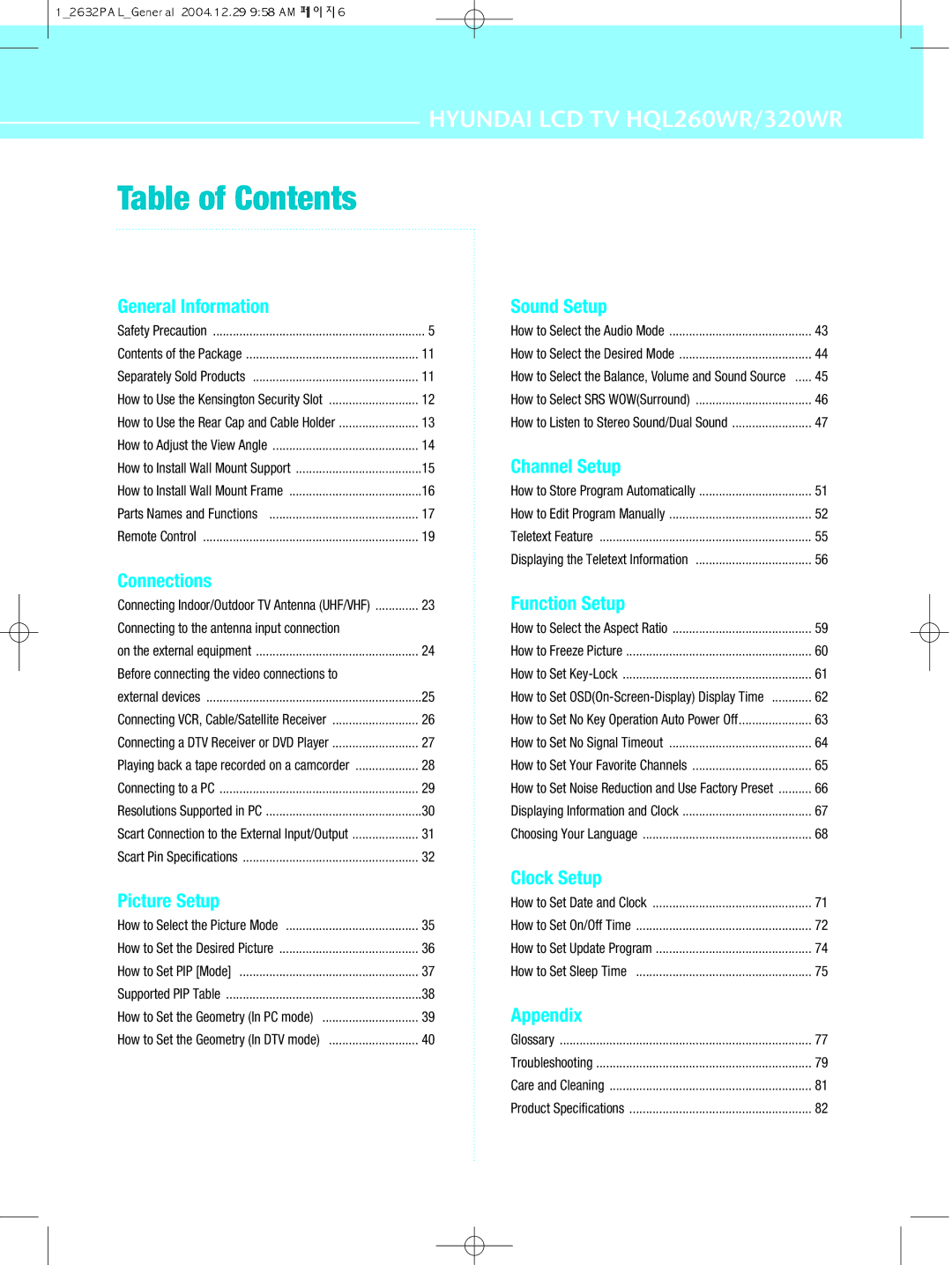 Hyundai IT 320WR, HQL260WR manual Table of Contents 