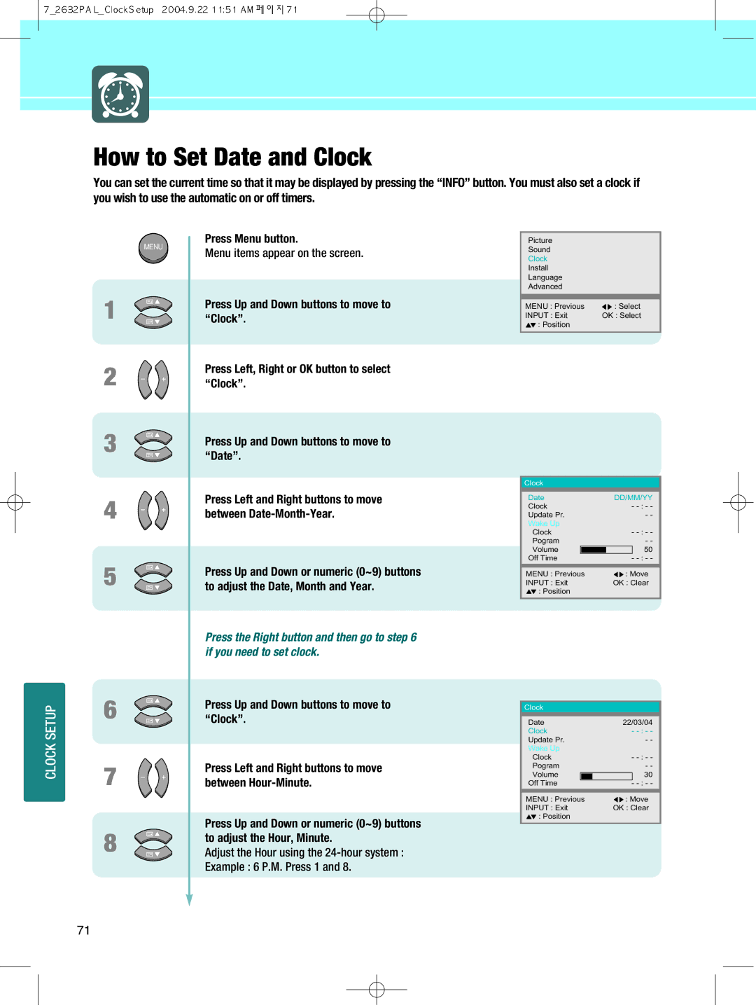 Hyundai IT HQL260WR, 320WR manual How to Set Date and Clock, Press Up and Down buttons to move to Clock 