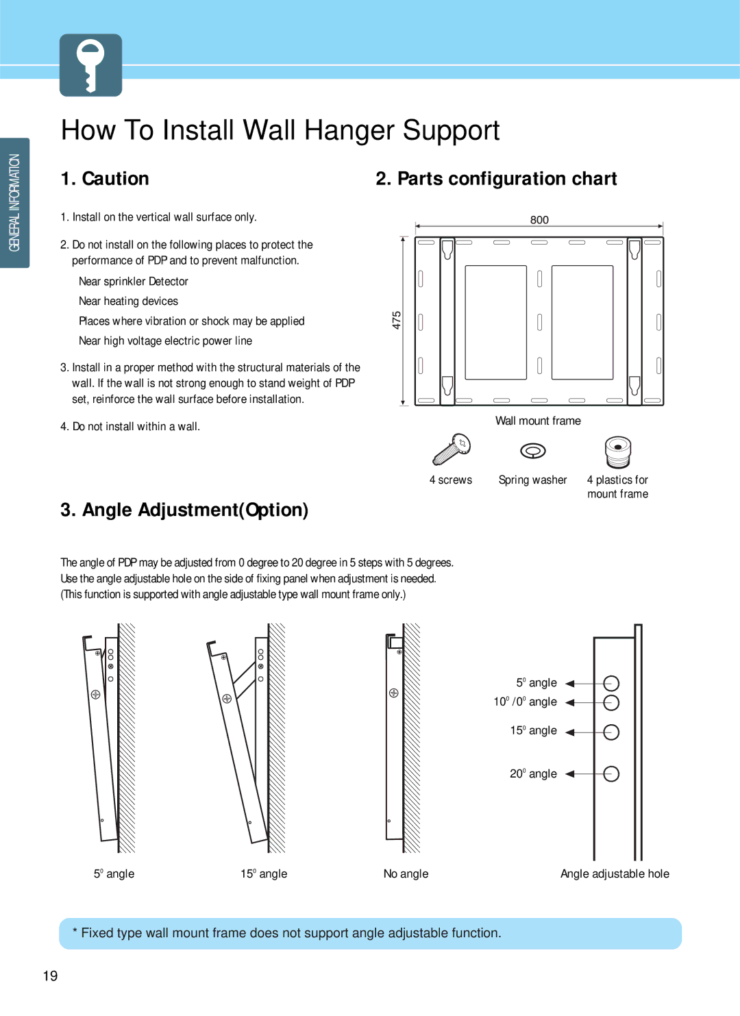 Hyundai IT HQP421HR, HQP421SR, HQP501HR manual How To Install Wall Hanger Support, Angle AdjustmentOption 