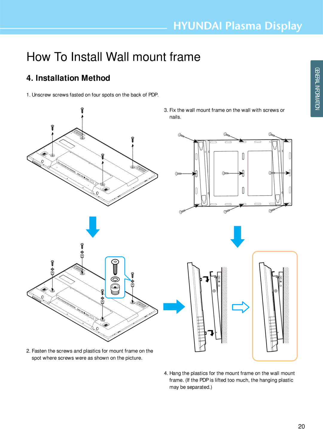 Hyundai IT HQP501HR, HQP421SR, HQP421HR manual How To Install Wall mount frame, Installation Method 