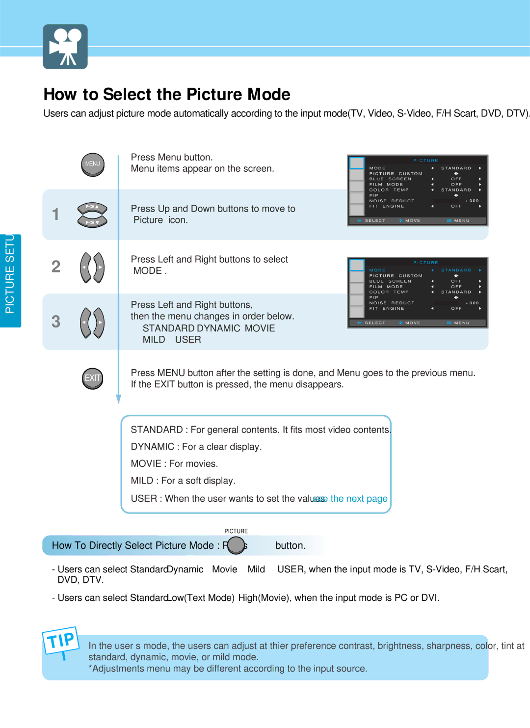 Hyundai IT HQP501HR, HQP421SR, HQP421HR How to Select the Picture Mode, How To Directly Select Picture Mode Press button 