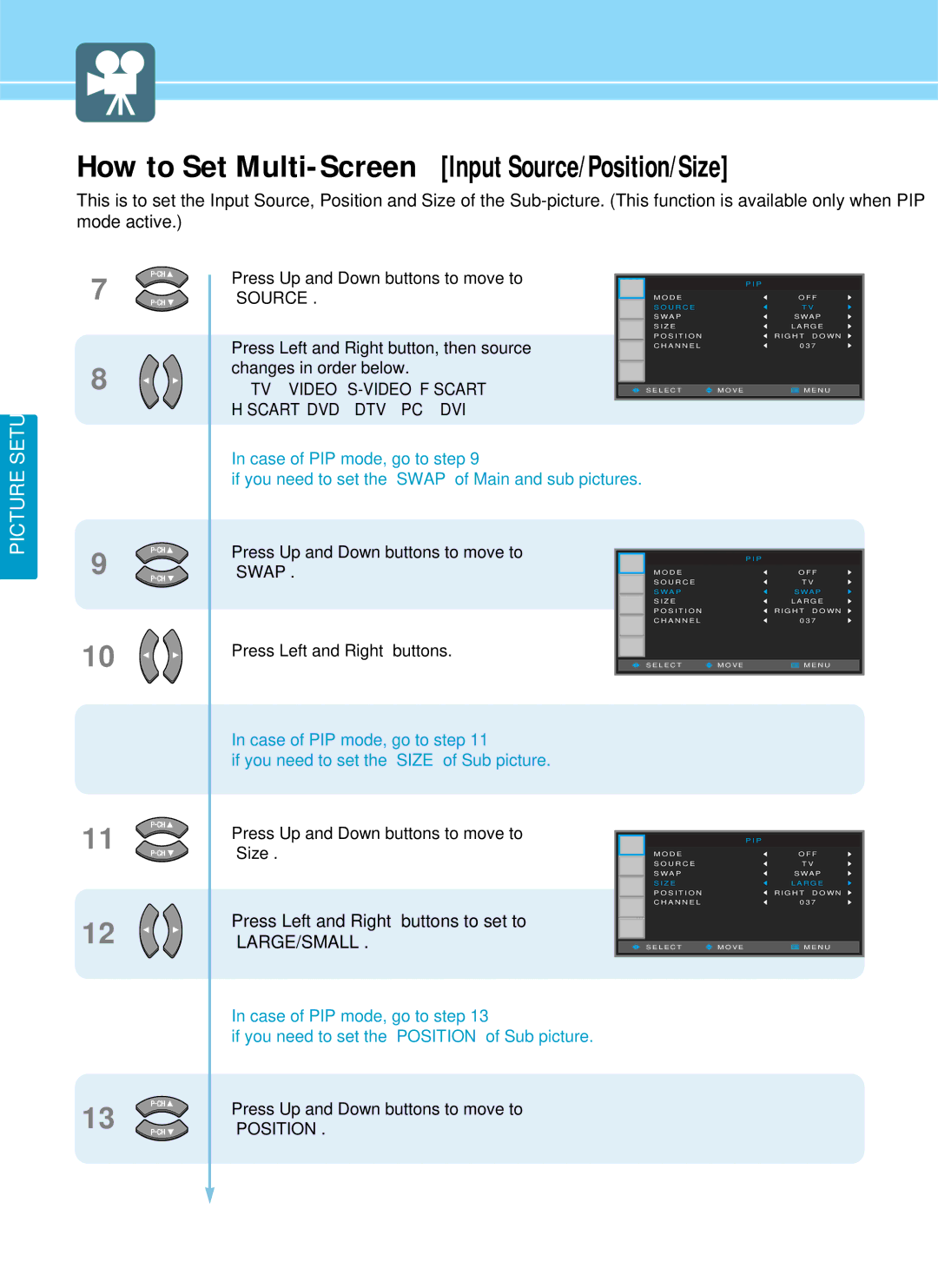 Hyundai IT HQP501HR How to Set Multi-Screen Input Source/Position/Size, Press Up and Down buttons to move to Position 