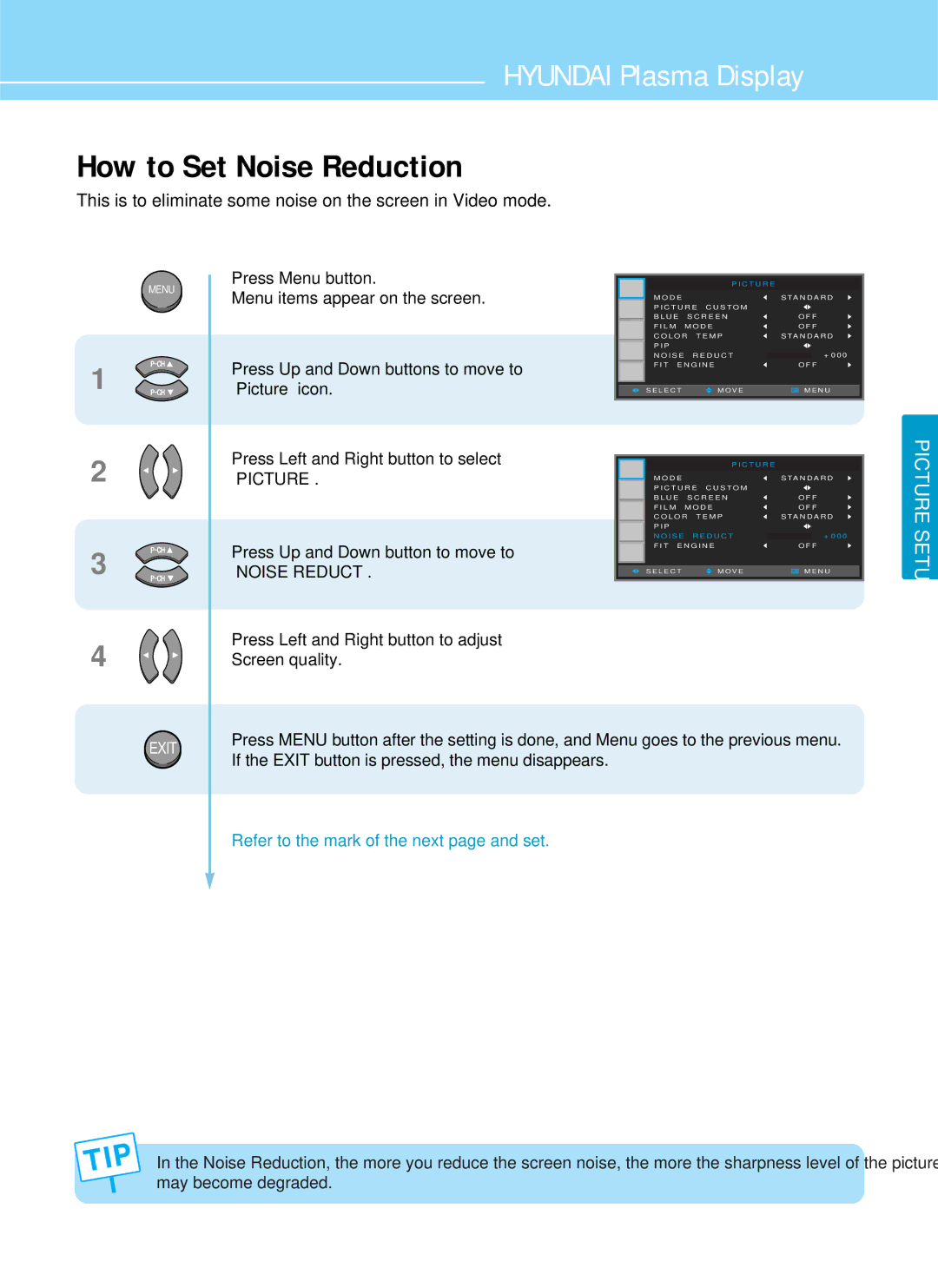 Hyundai IT HQP501HR, HQP421SR manual How to Set Noise Reduction, This is to eliminate some noise on the screen in Video mode 