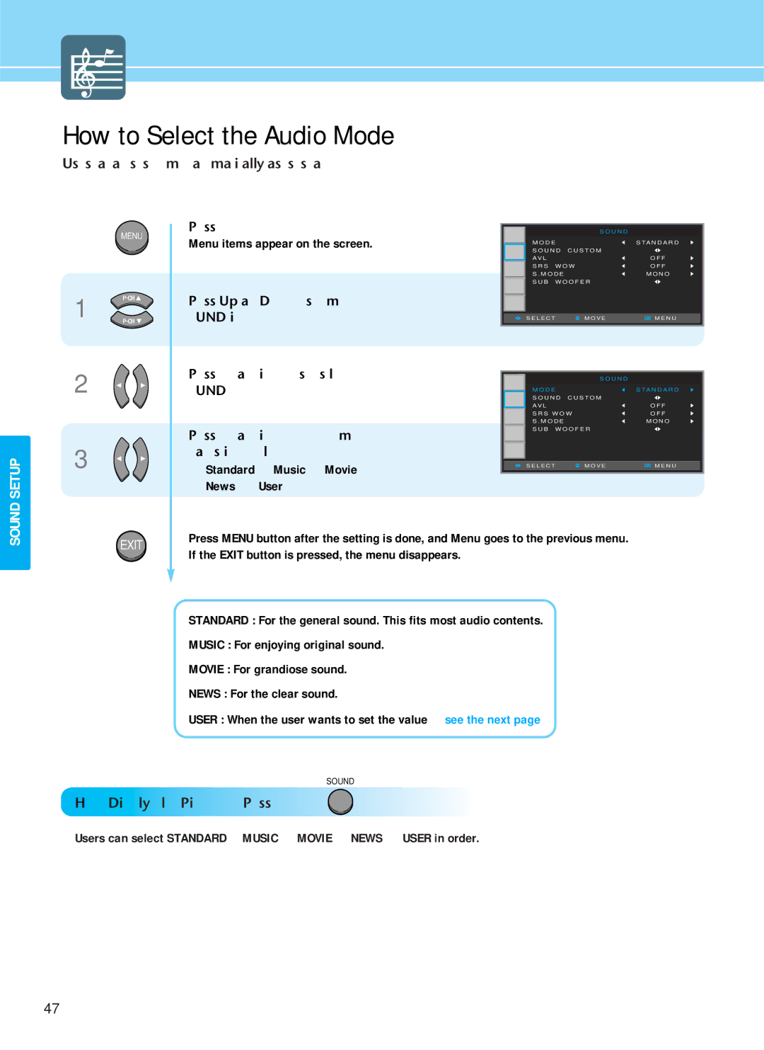 Hyundai IT HQP501HR, HQP421SR, HQP421HR manual How to Select the Audio Mode, Standard Music Movie News User 