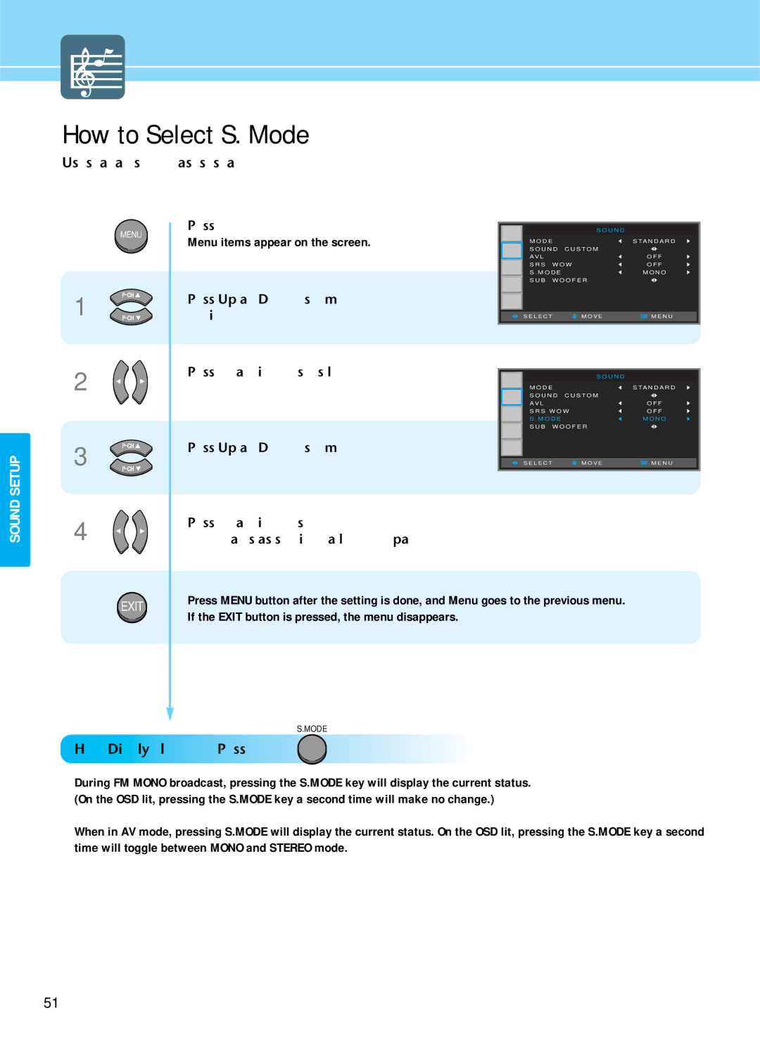 Hyundai IT HQP421SR How to Select S. Mode, Users can adjust S. Mode as users want, How To Directly Select S. Mode Press 