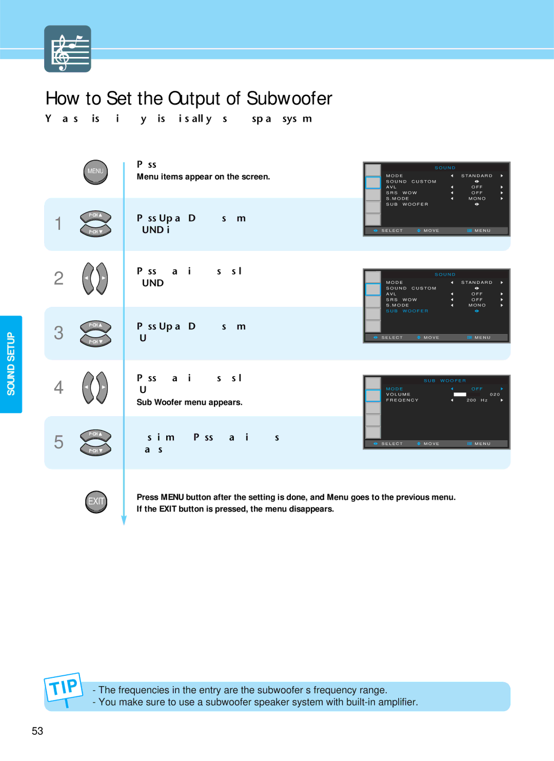 Hyundai IT HQP501HR, HQP421SR, HQP421HR manual How to Set the Output of Subwoofer, Sub Woofer menu appears 