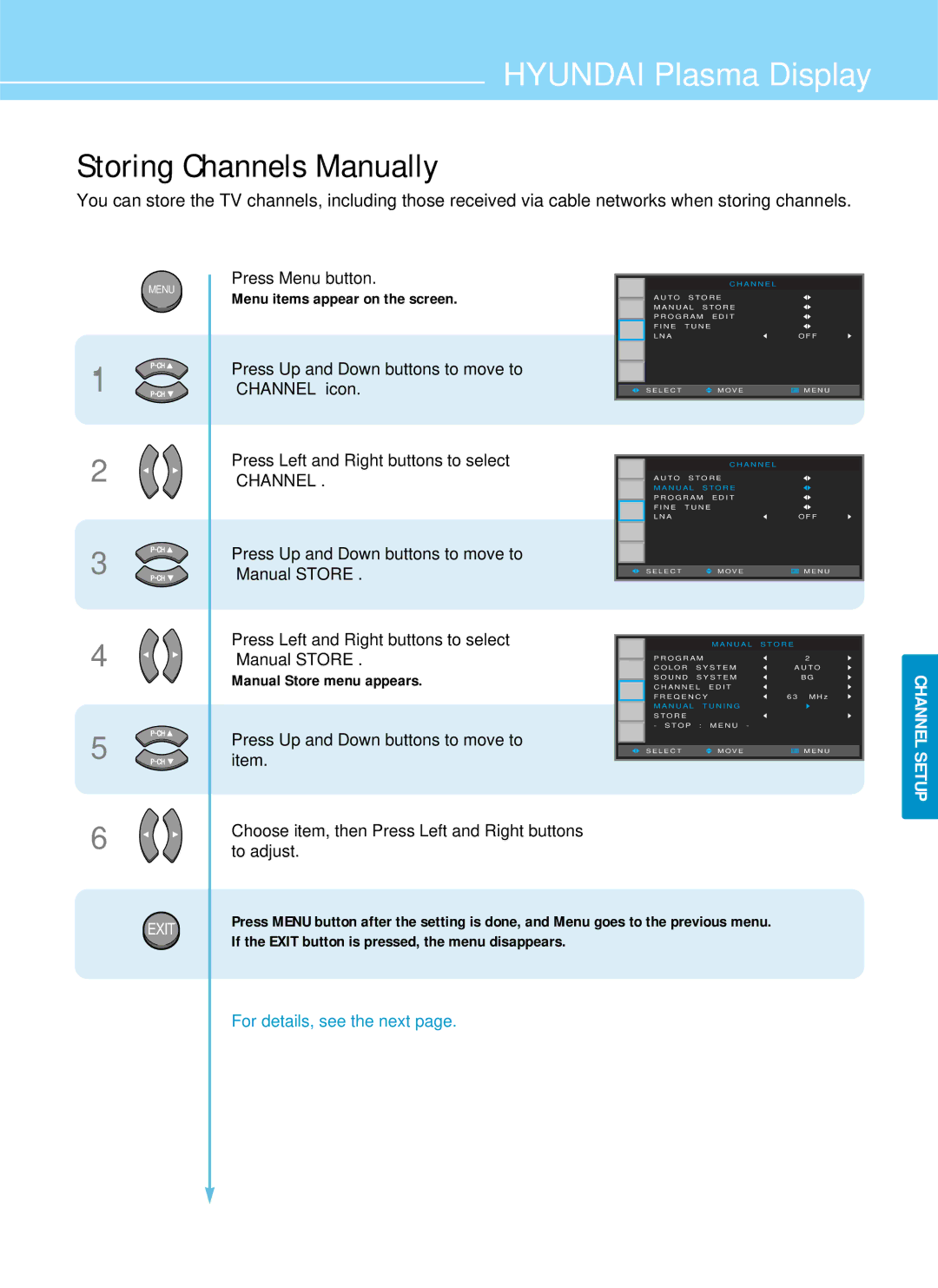 Hyundai IT HQP501HR, HQP421SR, HQP421HR manual Storing Channels Manually, Manual Store menu appears 