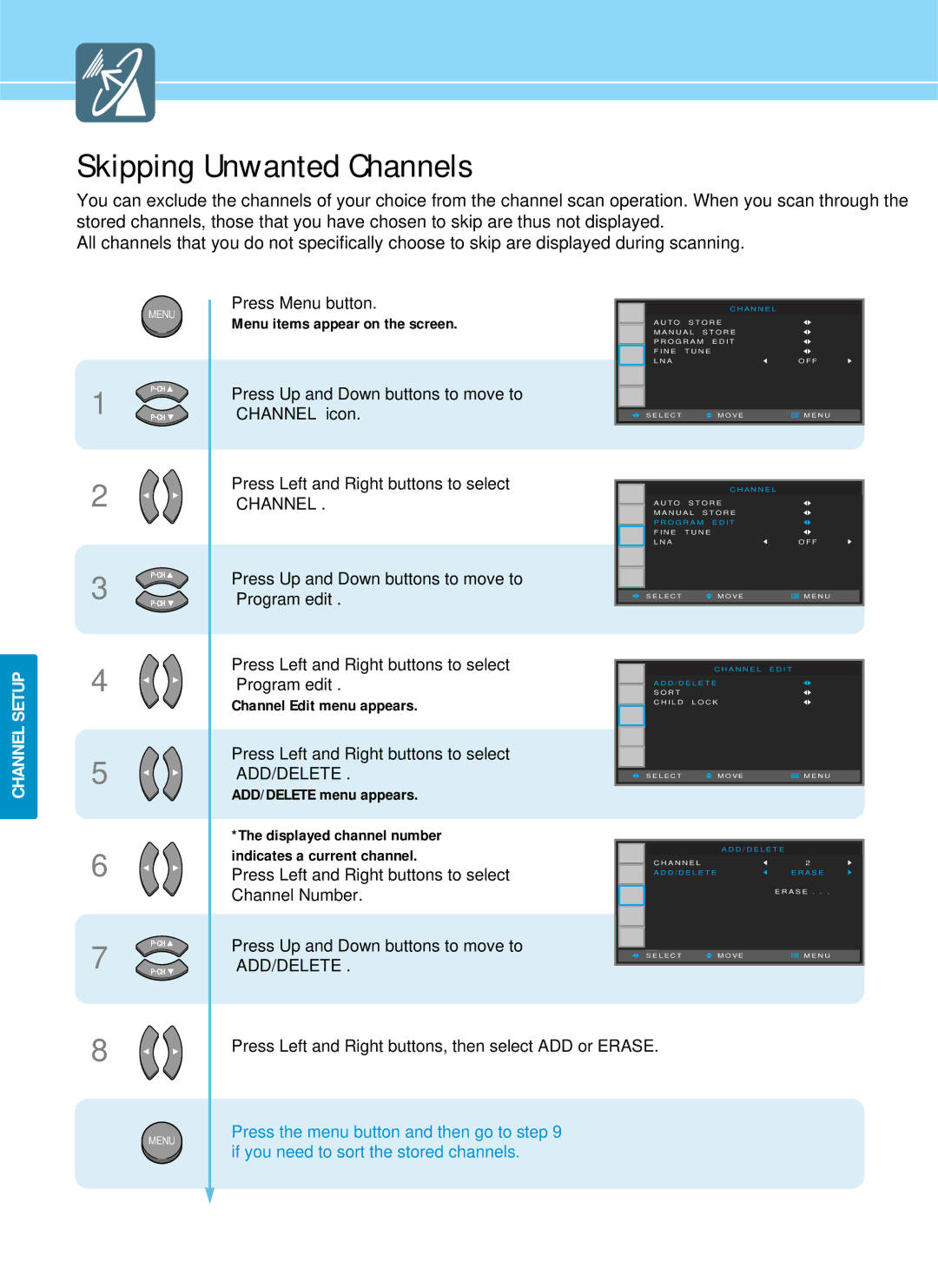 Hyundai IT HQP501HR, HQP421SR, HQP421HR manual Skipping Unwanted Channels, Channel Edit menu appears, ADD/DELETE menu appears 