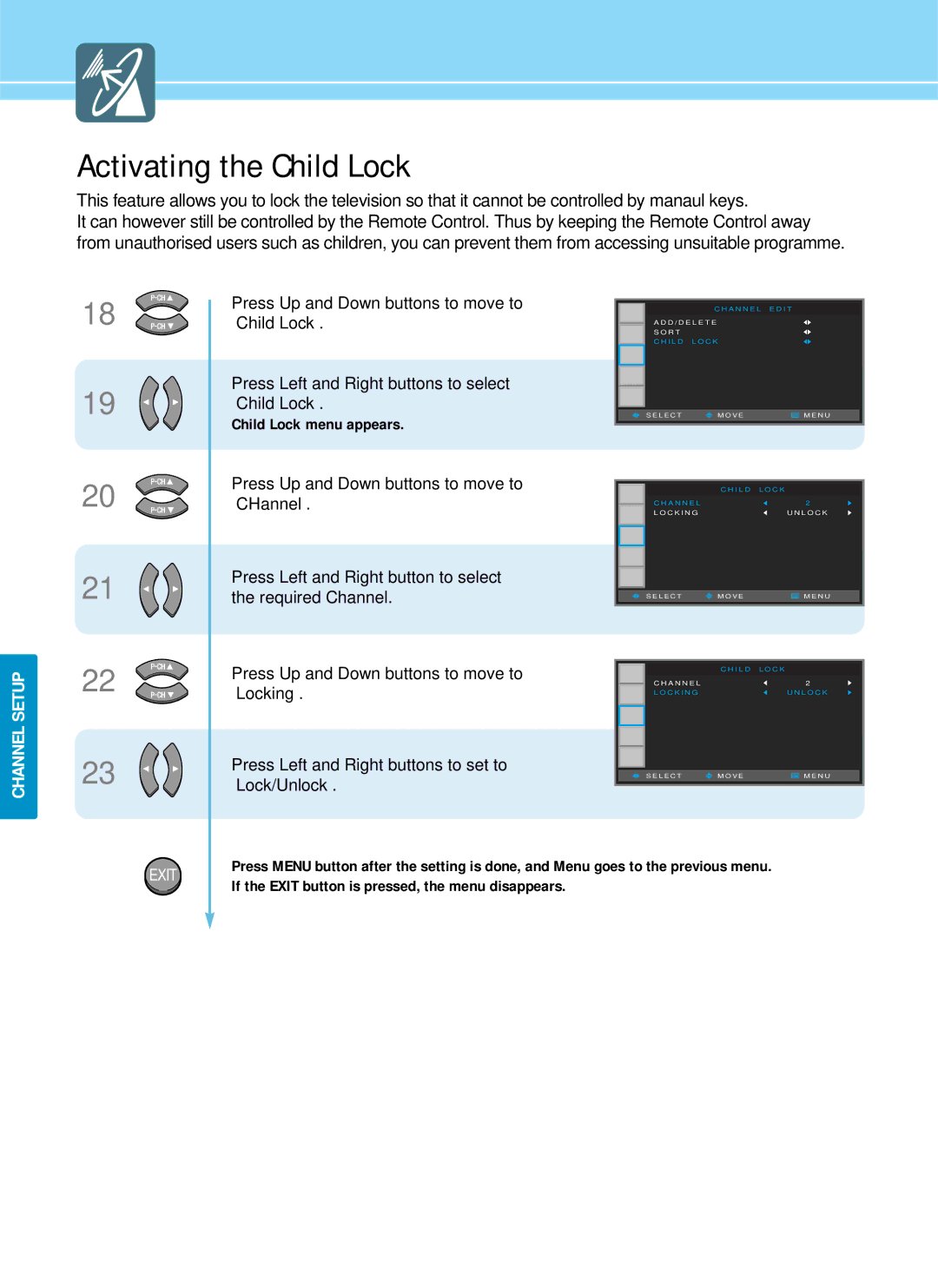 Hyundai IT HQP421HR, HQP421SR, HQP501HR manual Activating the Child Lock, Child Lock menu appears 