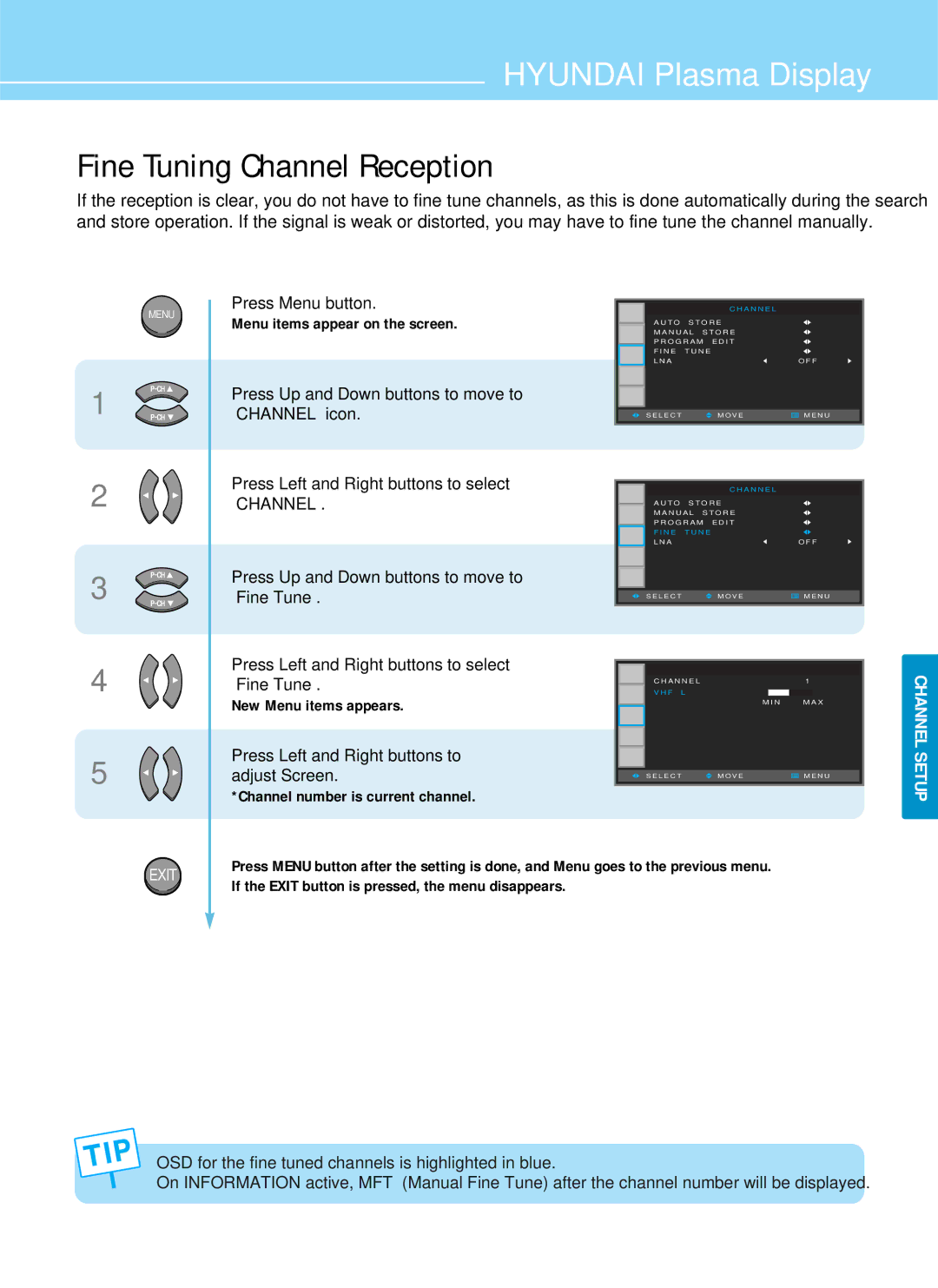 Hyundai IT HQP501HR Fine Tuning Channel Reception, New Menu items appears, Press Left and Right buttons to adjust Screen 