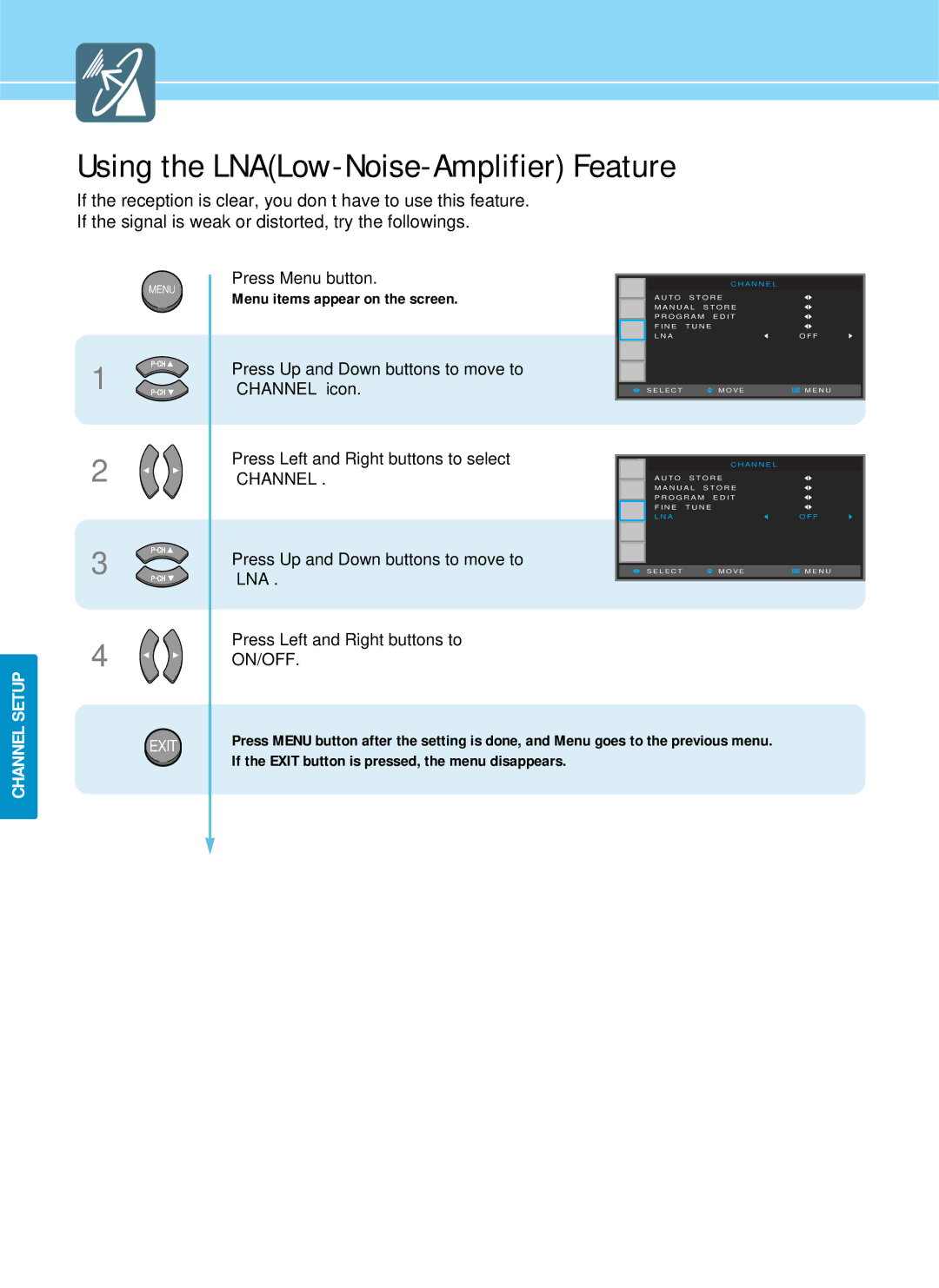 Hyundai IT HQP421SR, HQP421HR, HQP501HR manual Using the LNALow-Noise-Amplifier Feature 