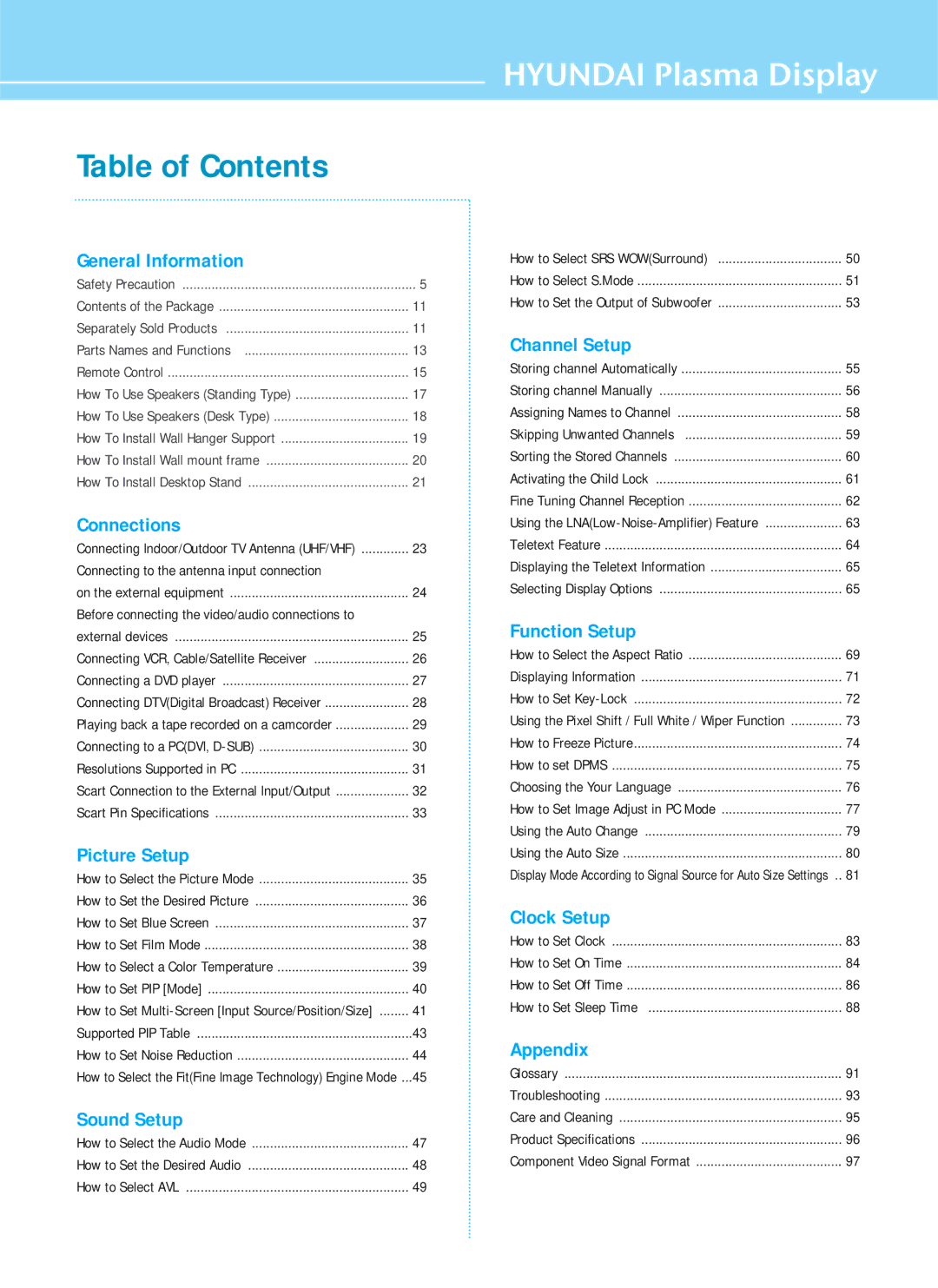 Hyundai IT HQP421HR, HQP421SR, HQP501HR manual Table of Contents 