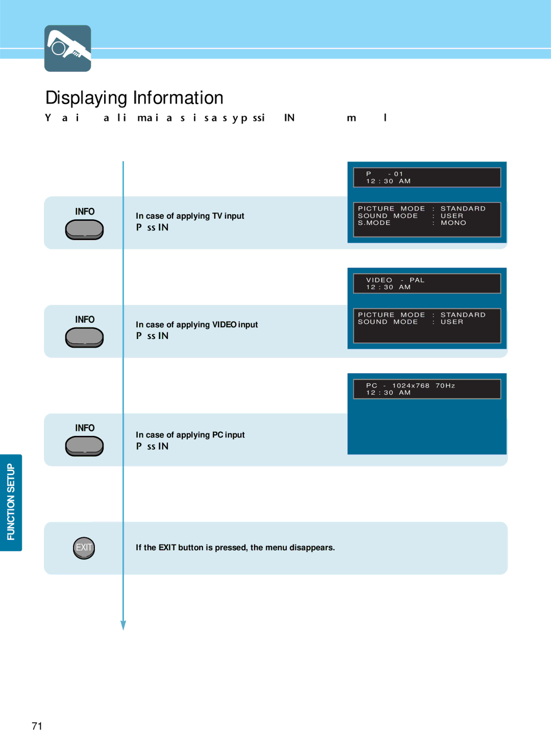 Hyundai IT HQP501HR Displaying Information, Case of applying TV input, Press Info button, Case of applying Video input 