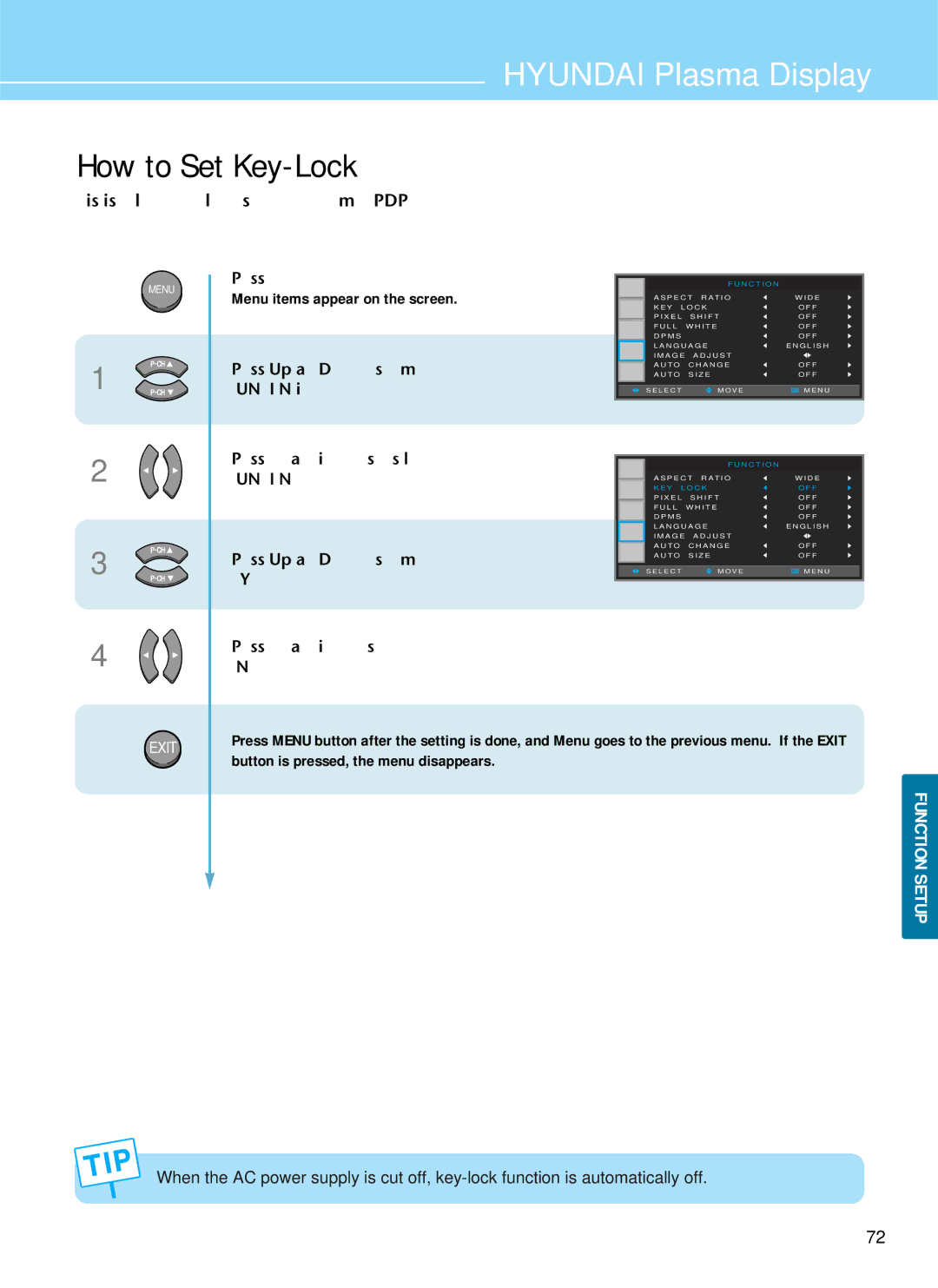 Hyundai IT HQP421SR, HQP421HR, HQP501HR manual How to Set Key-Lock, Press Menu button 