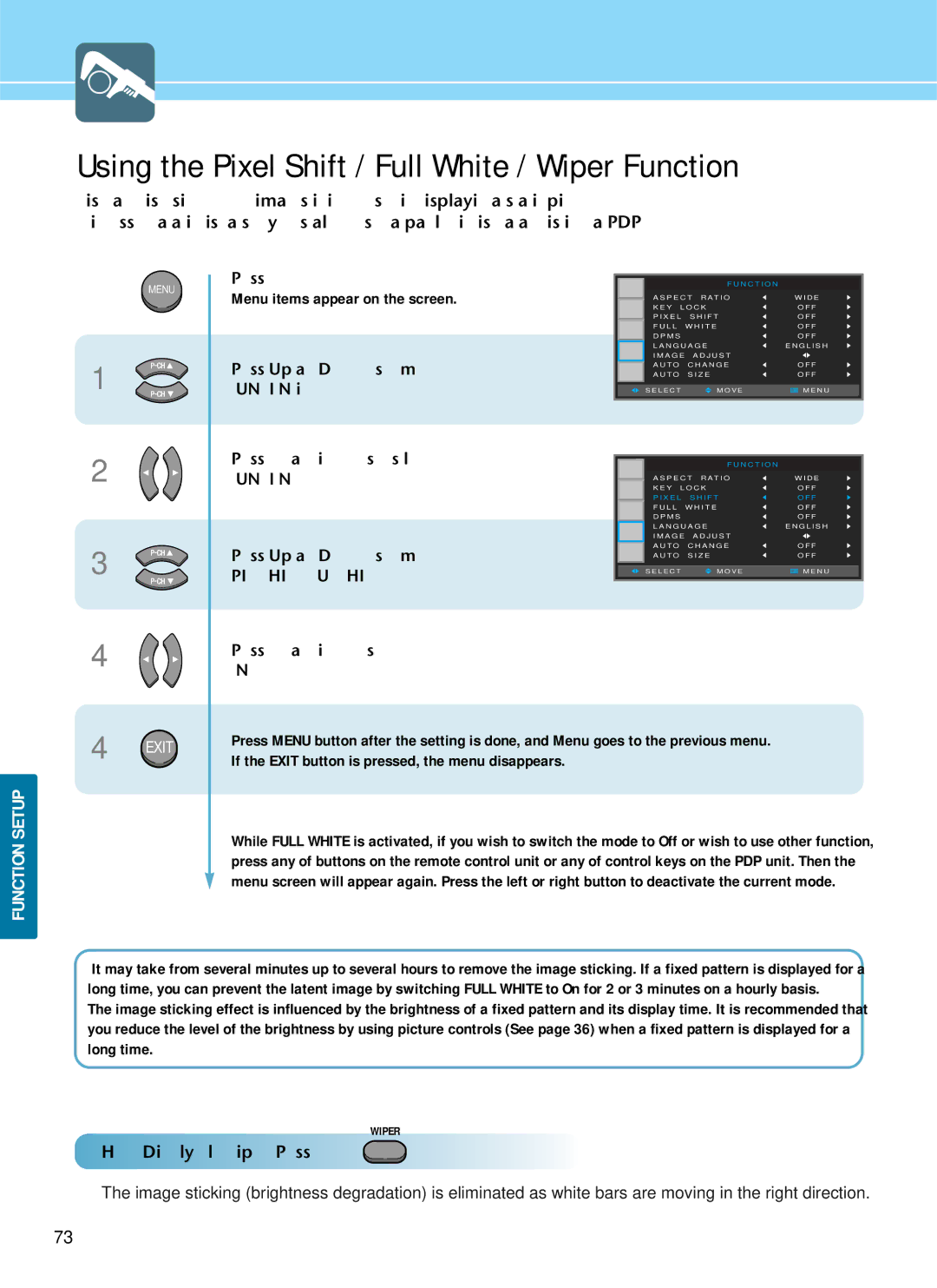 Hyundai IT HQP421HR, HQP421SR, HQP501HR manual Using the Pixel Shift / Full White / Wiper Function 