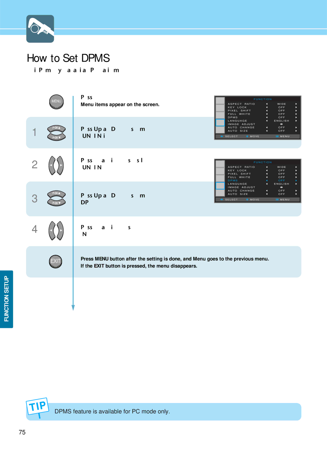 Hyundai IT HQP421SR, HQP421HR, HQP501HR manual How to Set Dpms, When in PC mode, you can activate Power Saving mode 