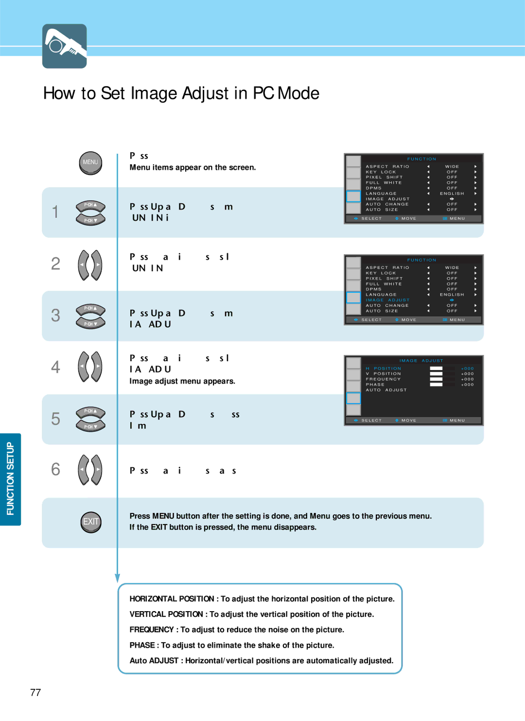 Hyundai IT HQP501HR, HQP421SR, HQP421HR manual How to Set Image Adjust in PC Mode, Image adjust menu appears 