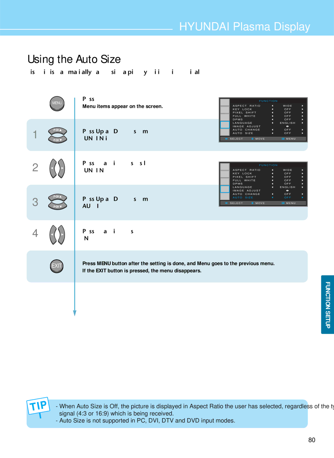 Hyundai IT HQP501HR, HQP421SR, HQP421HR manual Using the Auto Size 