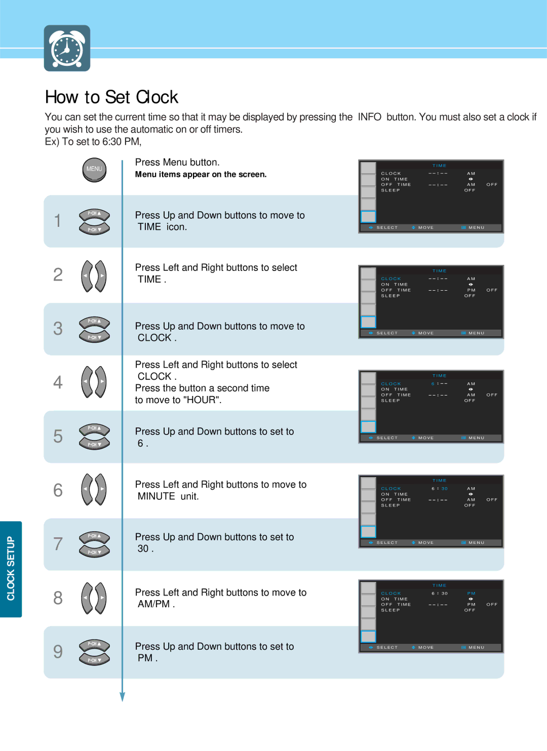 Hyundai IT HQP501HR, HQP421SR, HQP421HR manual How to Set Clock, Clock Setup 