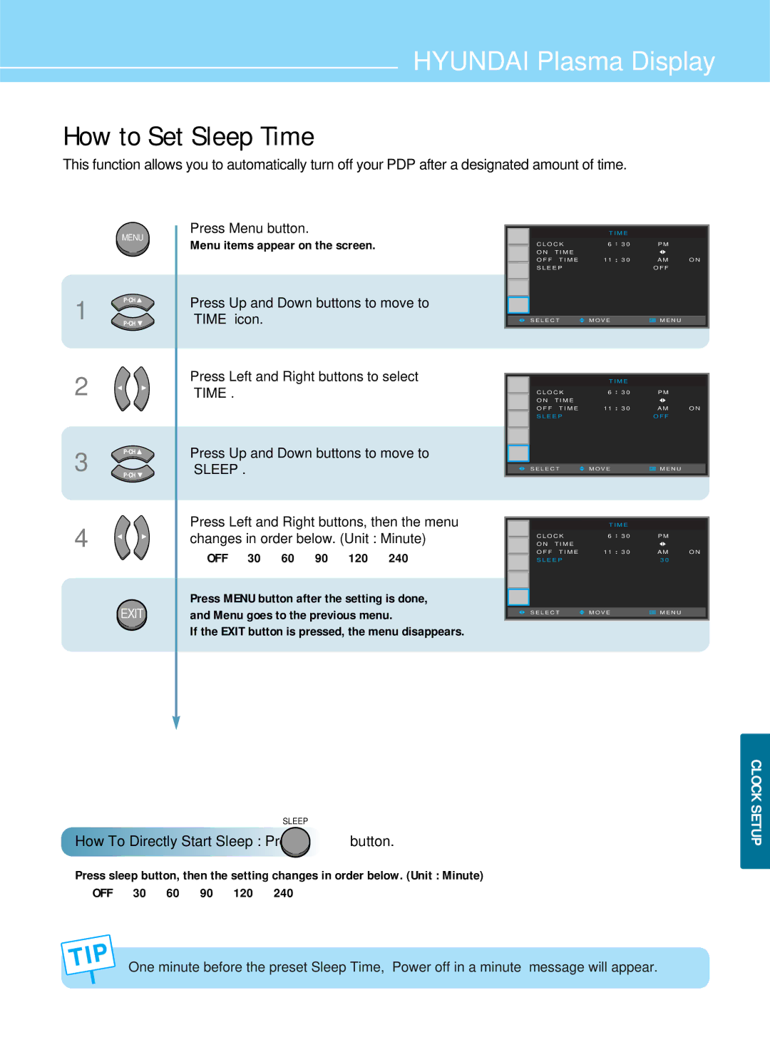 Hyundai IT HQP421HR, HQP421SR, HQP501HR How to Set Sleep Time, OFF 30 60 90 120, How To Directly Start Sleep Press button 