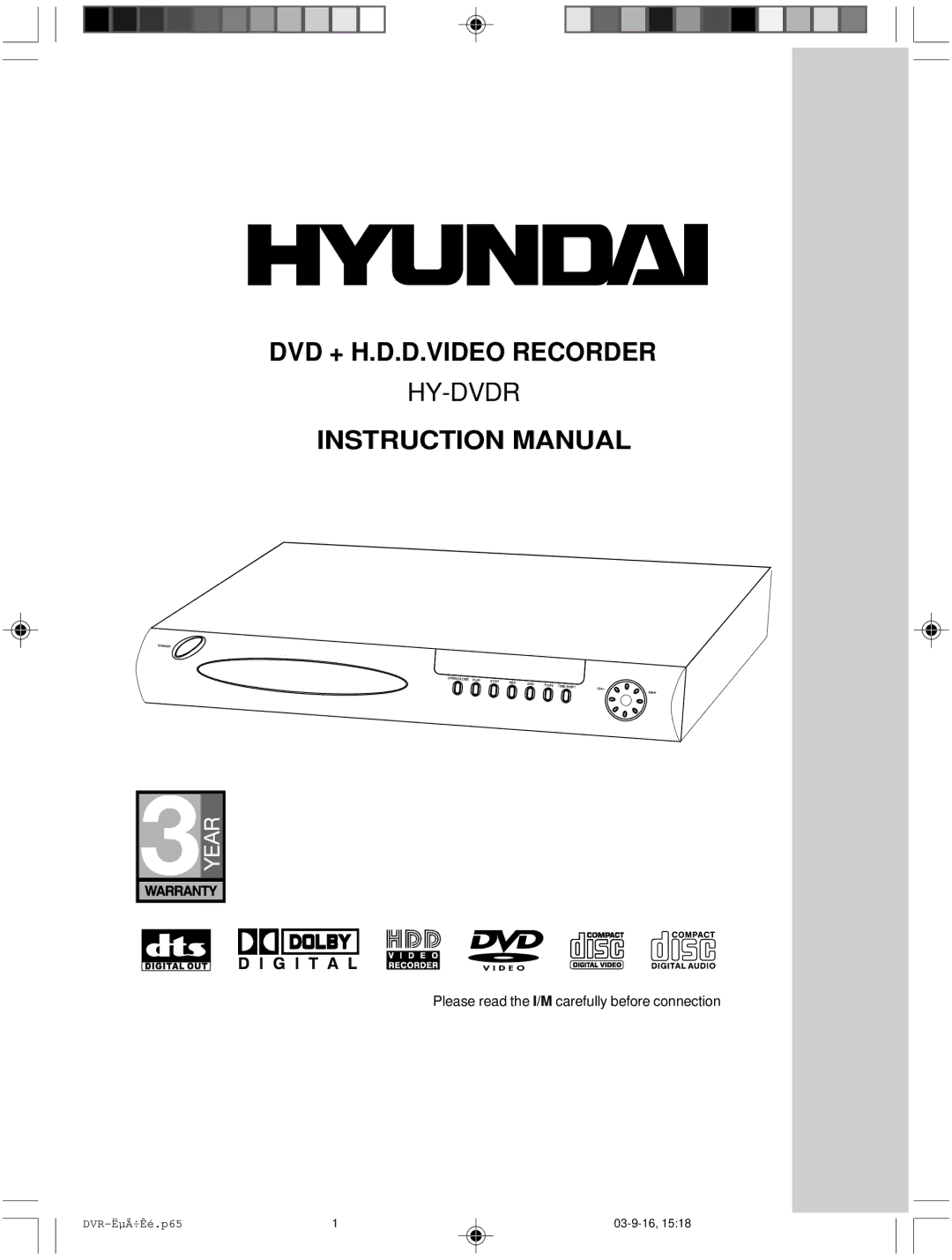 Hyundai IT HY-DVDR instruction manual DVD + H.D.D.VIDEO Recorder 