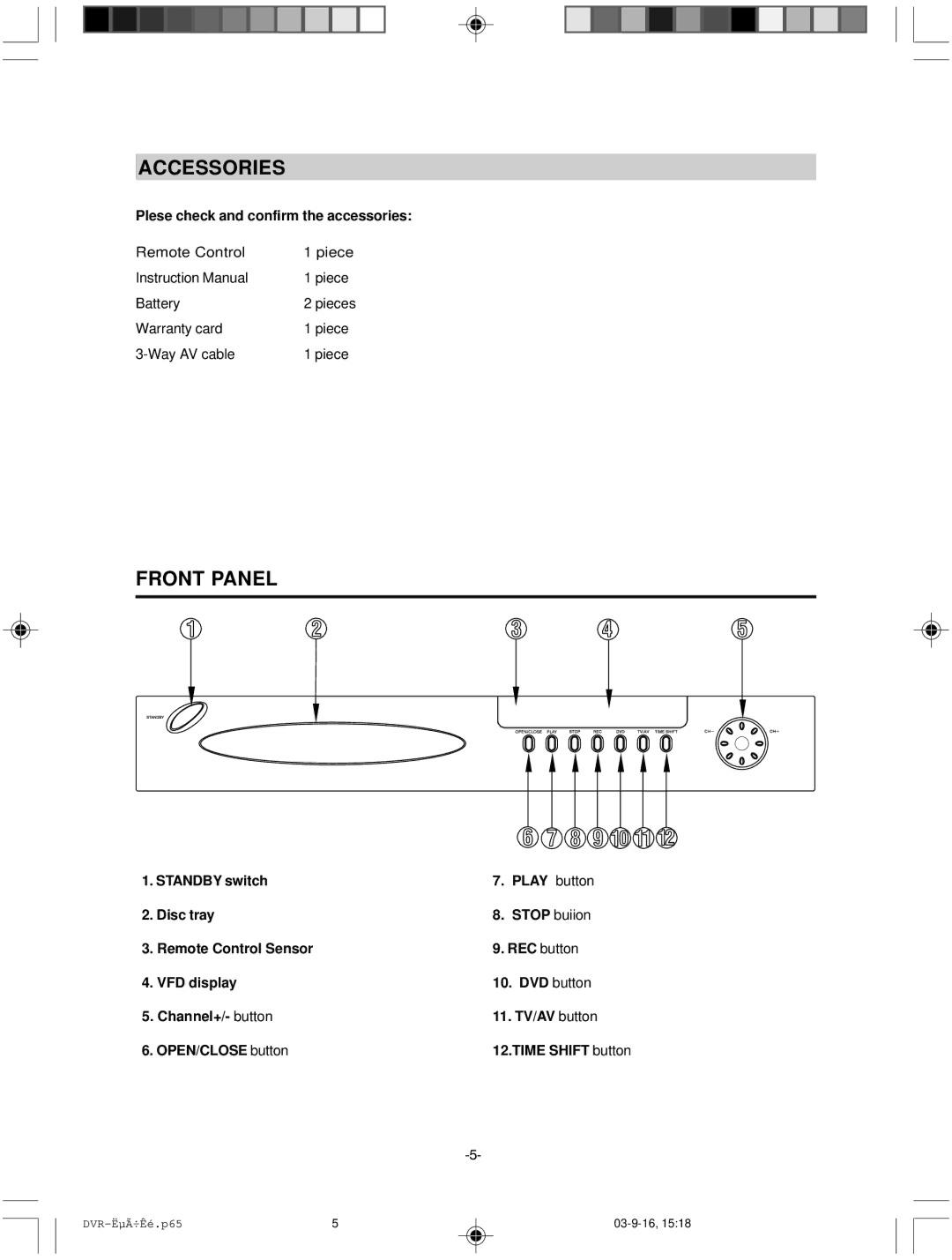 Hyundai IT HY-DVDR instruction manual Accessories, Front Panel, Time Shift button 