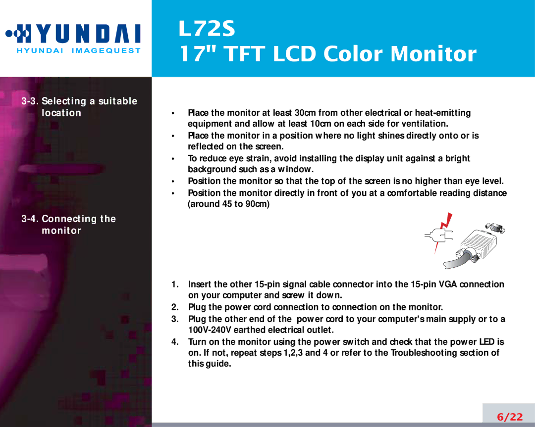 Hyundai IT L72S manual Selecting a suitable location Connecting the monitor 