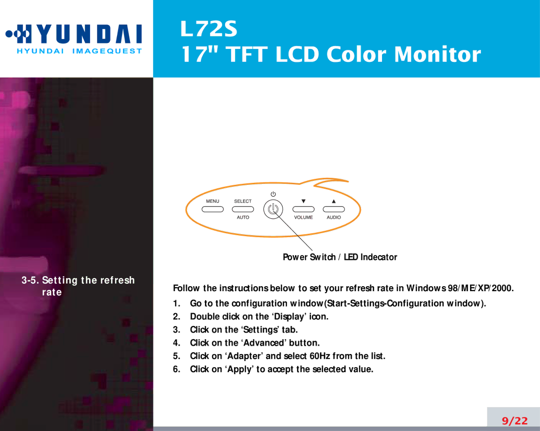 Hyundai IT L72S manual Setting the refresh rate 