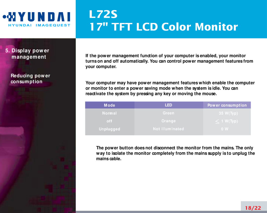 Hyundai IT L72S manual Display power management 