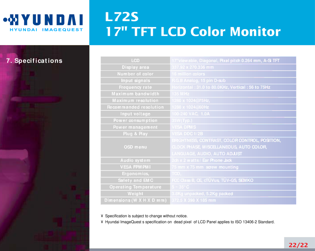 Hyundai IT L72S manual Specifications 