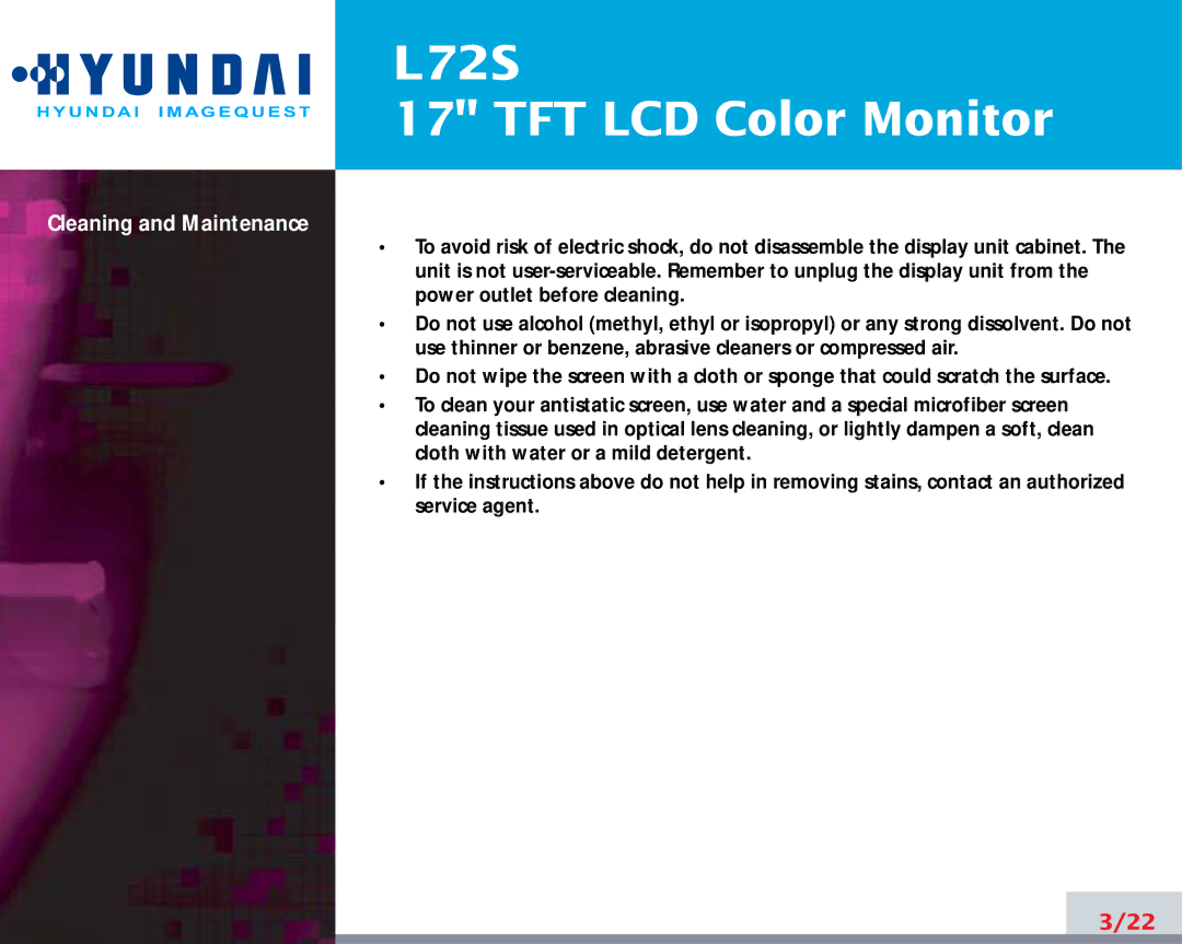 Hyundai IT L72S manual Cleaning and Maintenance 