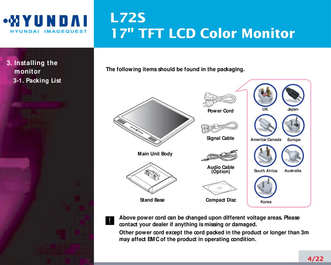 Hyundai IT L72S manual Installing the monitor 