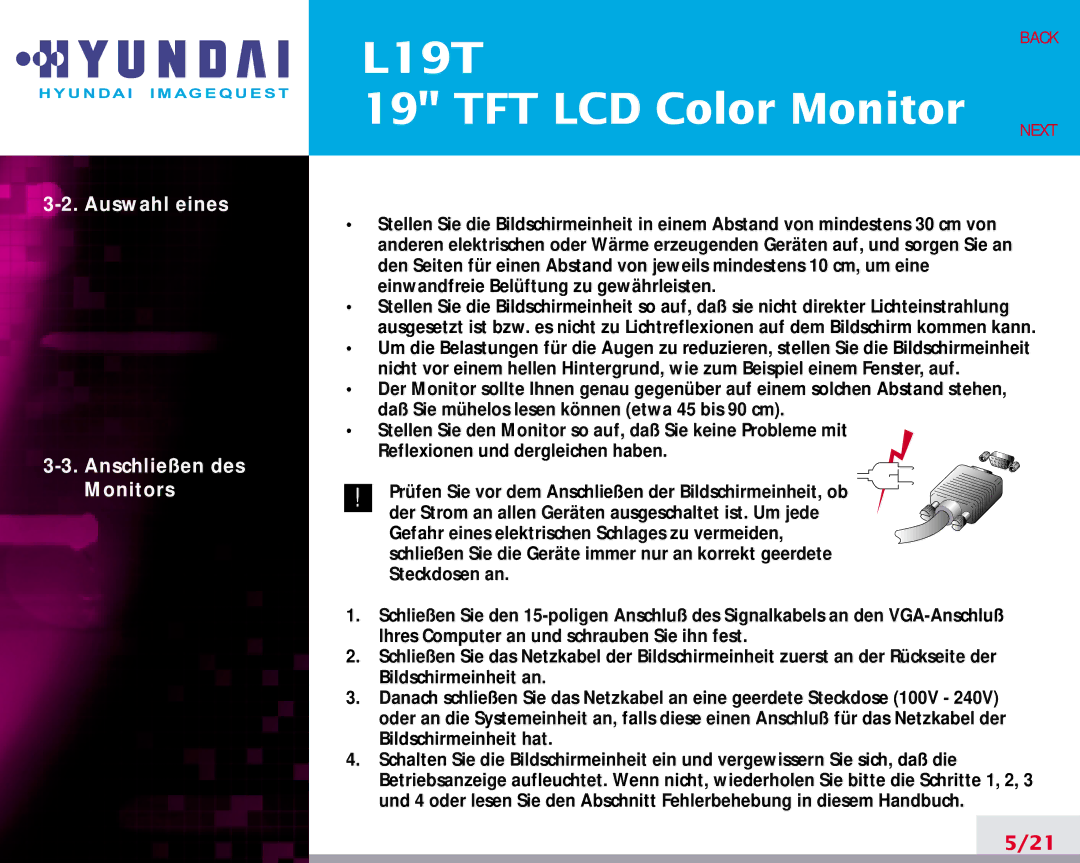 Hyundai L19T manual Auswahl eines Anschließen des Monitors 