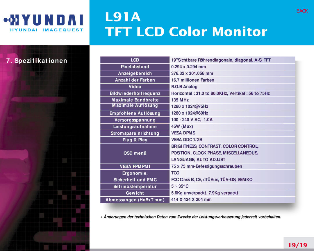 Hyundai L91A Pixelabstand, Anzeigebereich, Anzahl der Farben, Video, Bildwiederholfrequenz, Maximale Bandbreite, OSD menü 