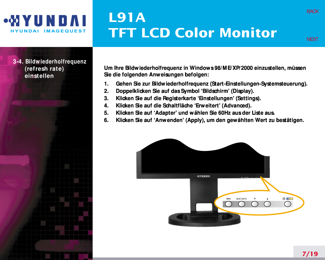 Hyundai L91A manual TFT LCD Color Monitor, 7/19, Back, Next, Bildwiederholfrequenz refresh rate einstellen 