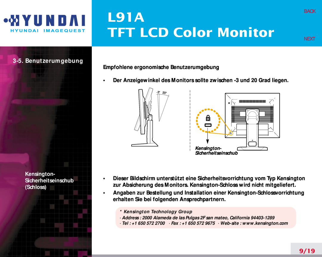 Hyundai manual L91A TFT LCD Color Monitor, Benutzerumgebung, 9/19, Back Next, Kensington- Sicherheitseinschub Schloss 